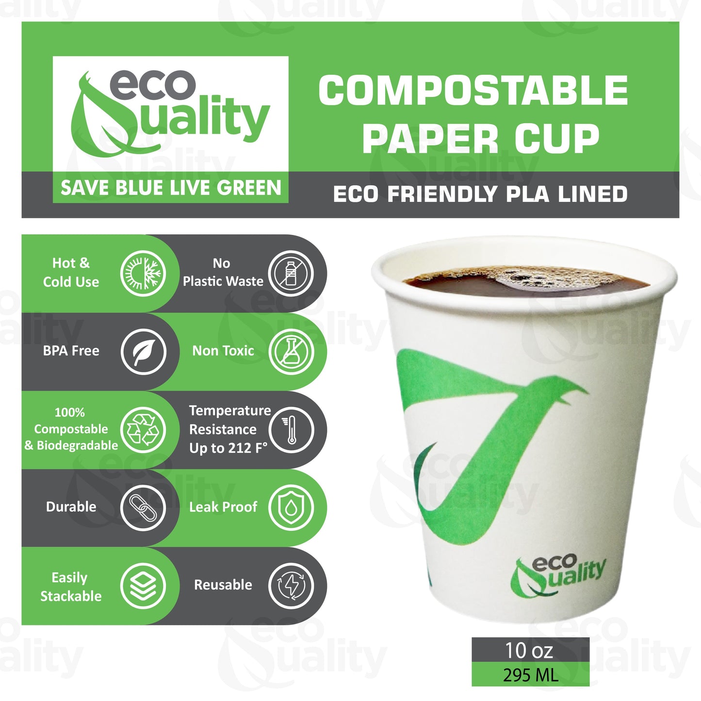 10oz Disposable White Paper Coffee Cups Compostable Biodegradable
