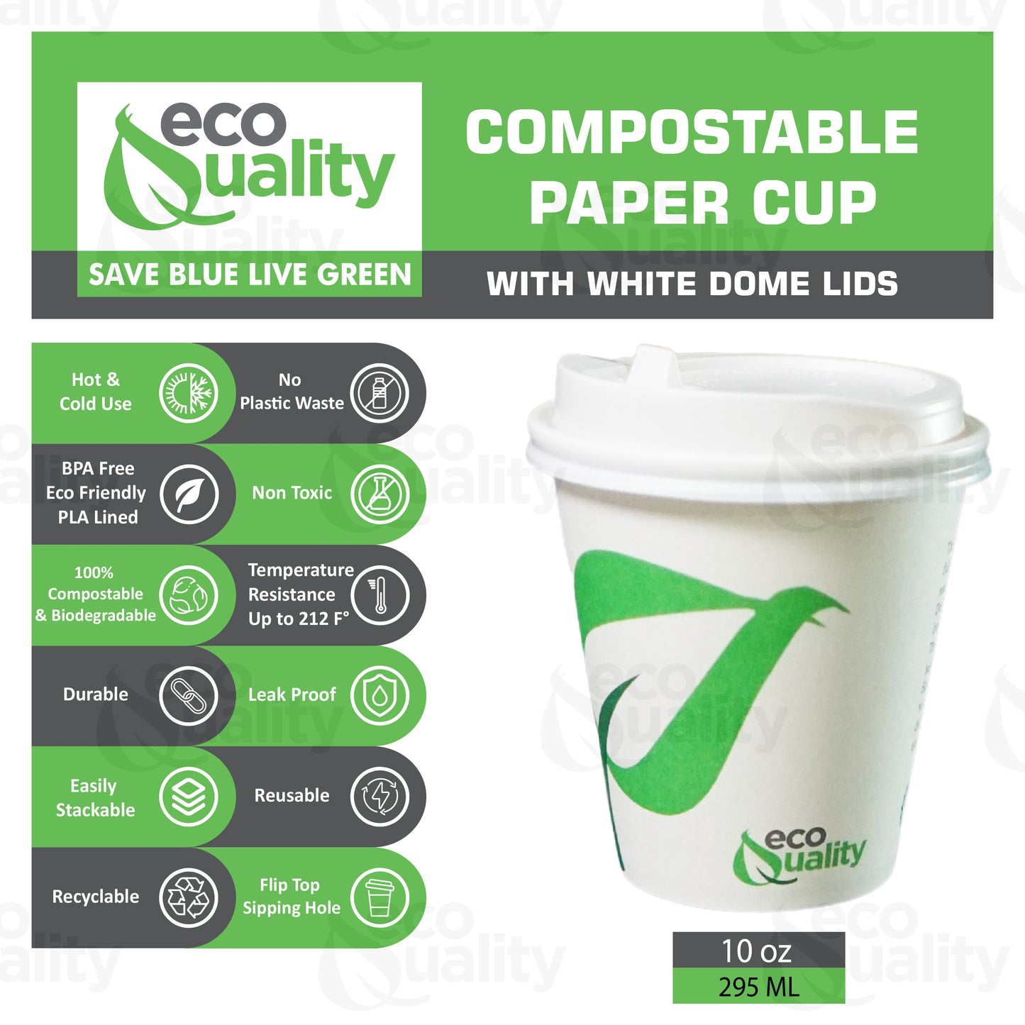 Disposable Compostable Biodegradable White Paper Coffee Cups with White Dome Lids