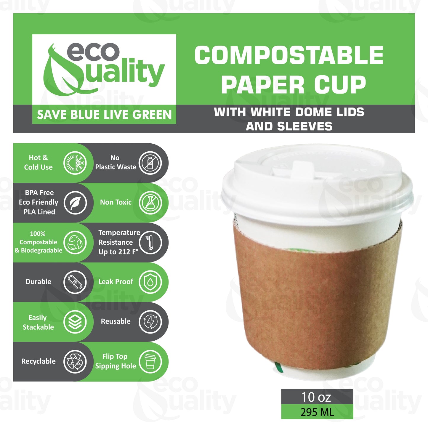 10oz Disposable Compostable Biodegradable White Paper Coffee Cups with White Dome Lids and Sleeves