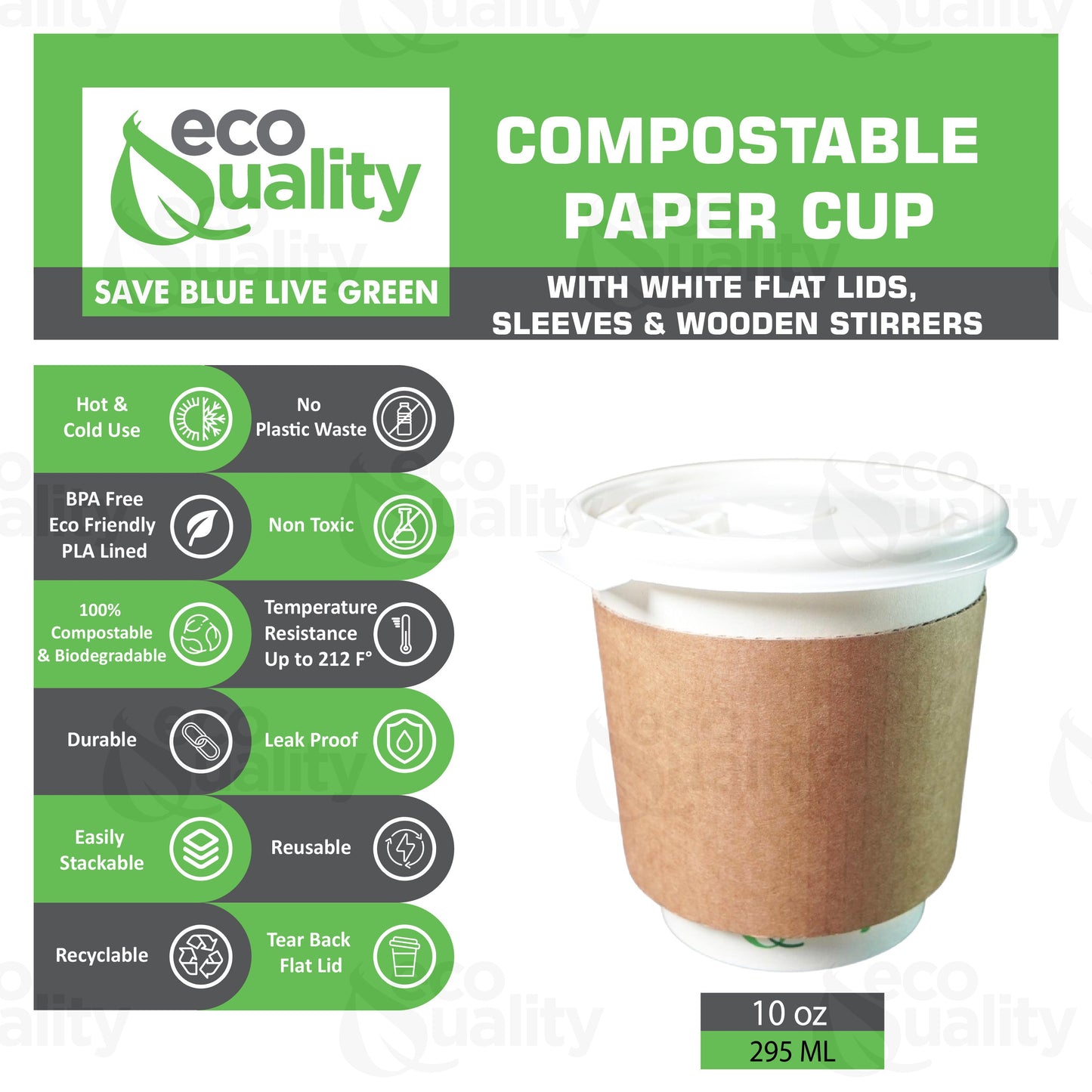 10oz Disposable Compostable Biodegradable White Paper Coffee Cups with Flat Lids and Sleeves