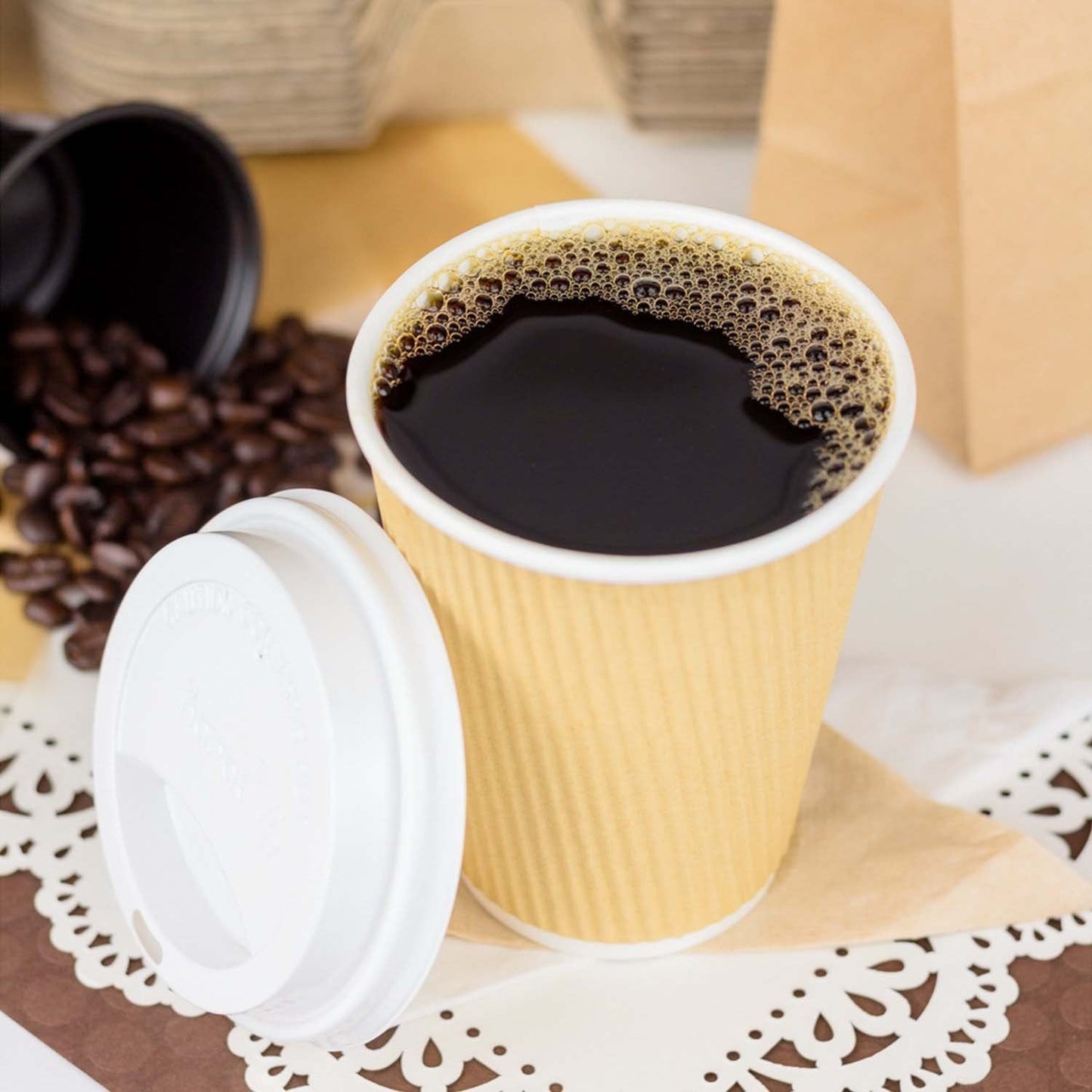 16oz Disposable Double Wall Ripple Paper Hot Cold Cups with White Dome Lids