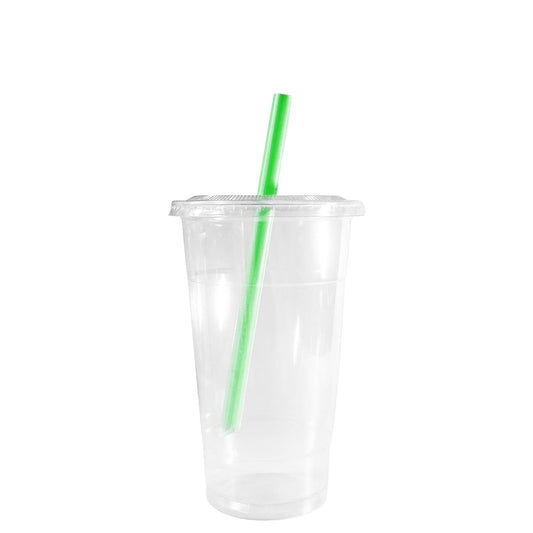 12oz Disposable Pet Clear Plastic Smoothie Cups with Clear Flat Lids and Color Straws