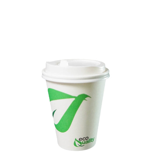 12oz Disposable Compostable Biodegradable White Paper Coffee Cups with White Dome Lids