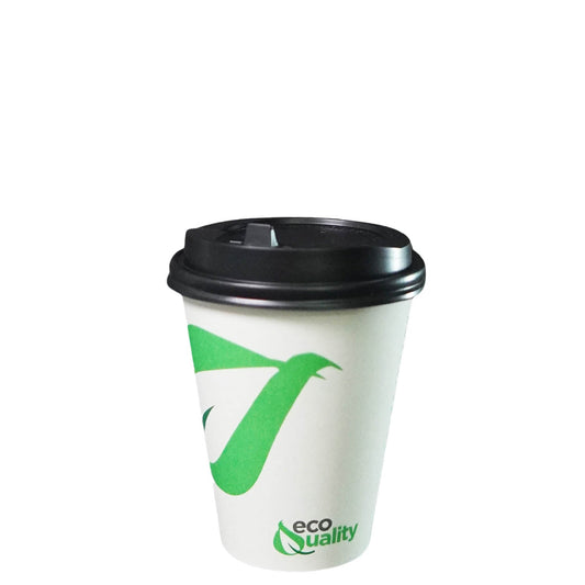 12oz Disposable Compostable Biodegradable White Paper Coffee Cups with Black Dome Lids