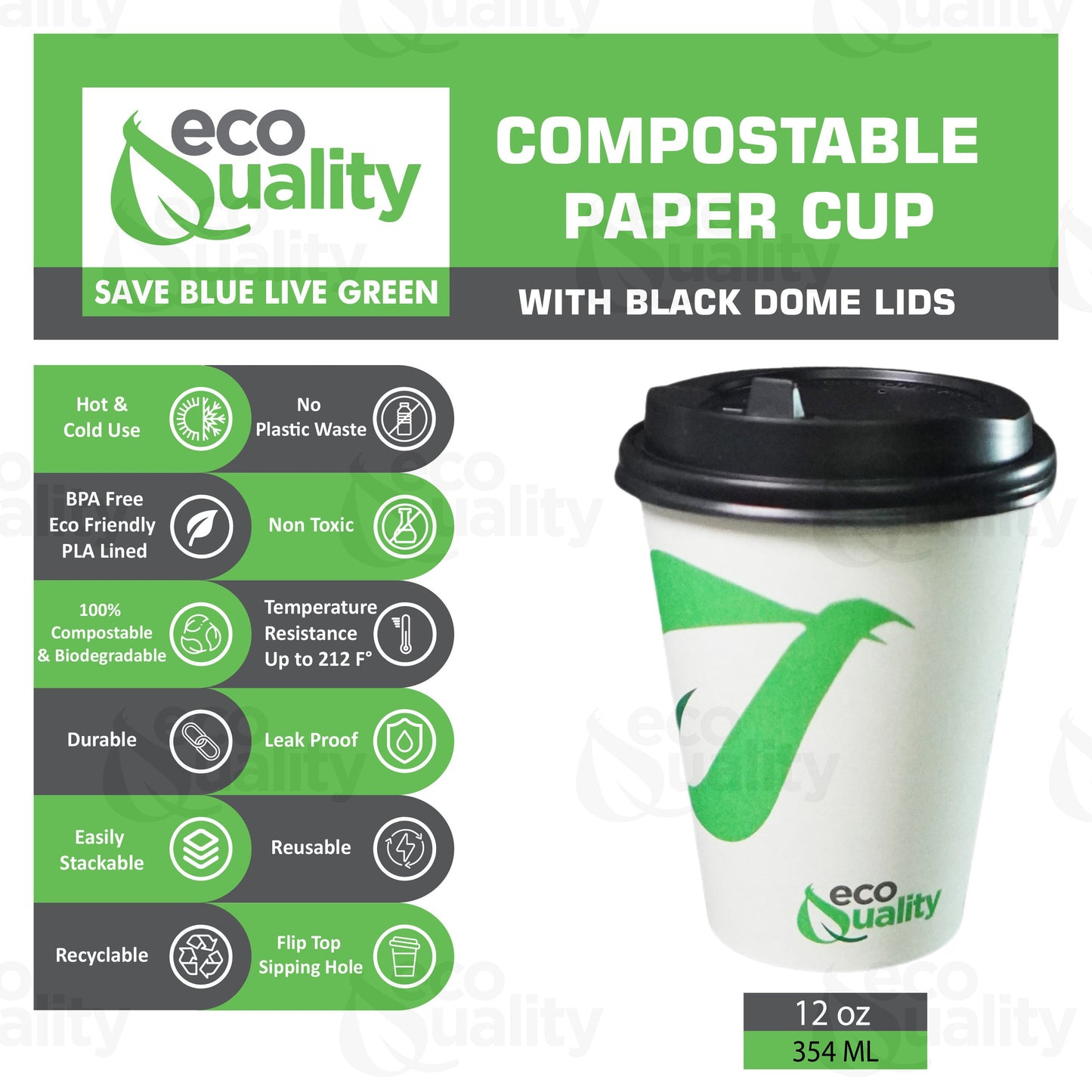 12oz Disposable Compostable Biodegradable White Paper Coffee Cups with Black Dome Lids