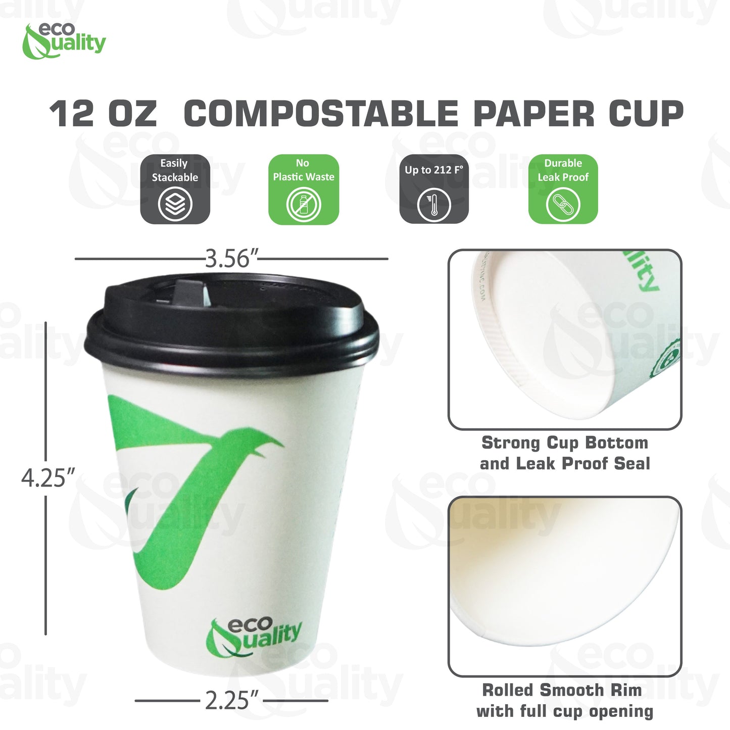 12oz Disposable Compostable Biodegradable White Paper Coffee Cups with Black Dome Lids