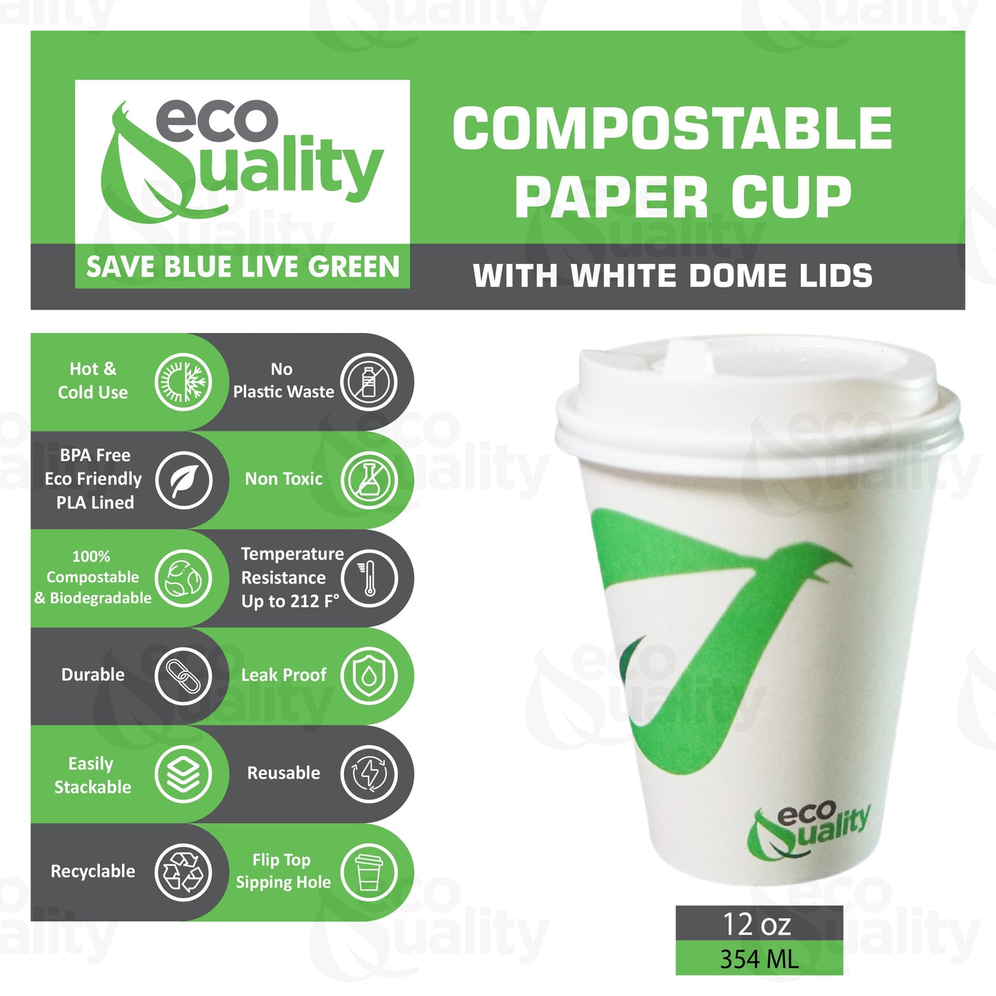 12oz Disposable Compostable Biodegradable White Paper Coffee Cups with White Dome Lids