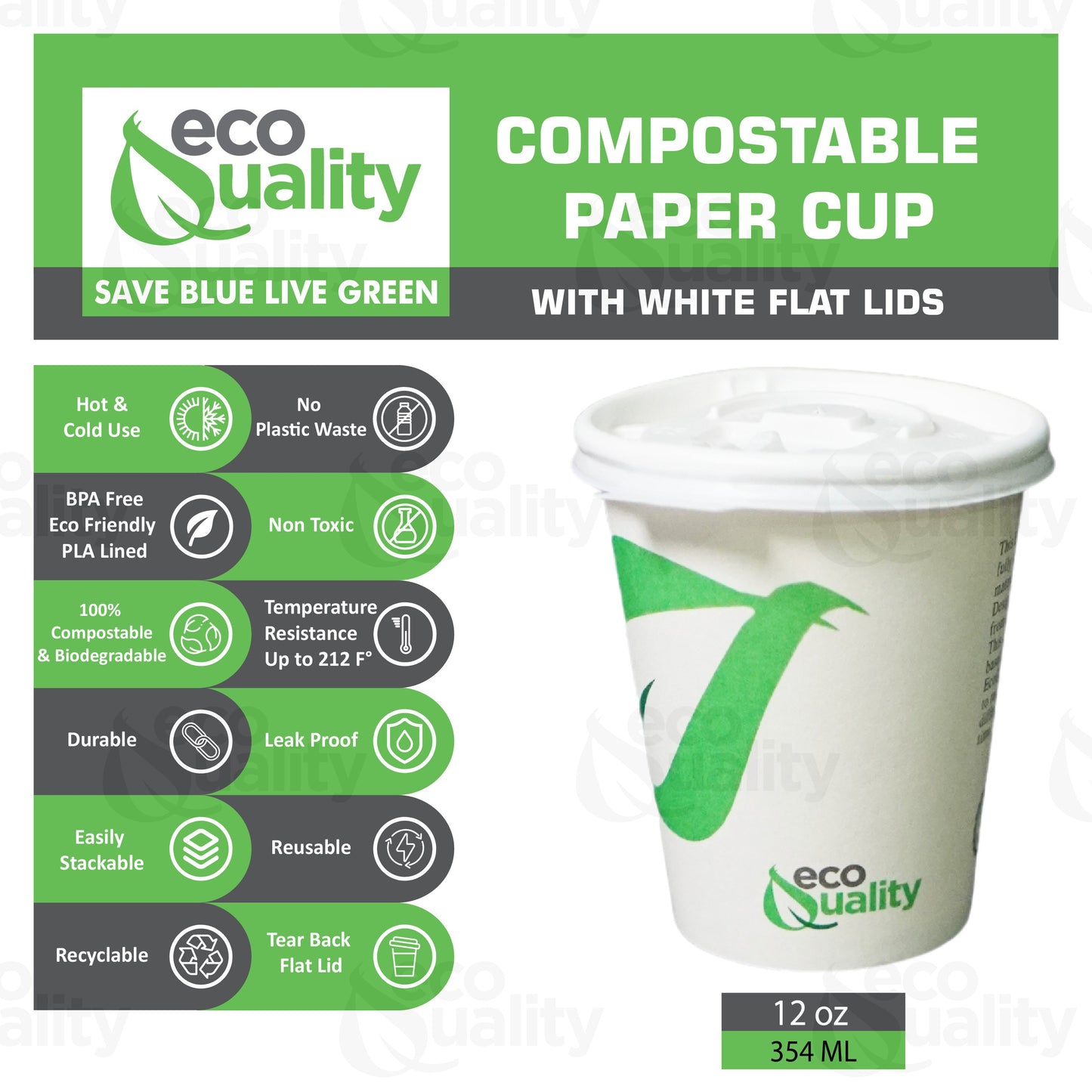 12oz Disposable Compostable Biodegradable White Paper Coffee Cups with Flat Lids
