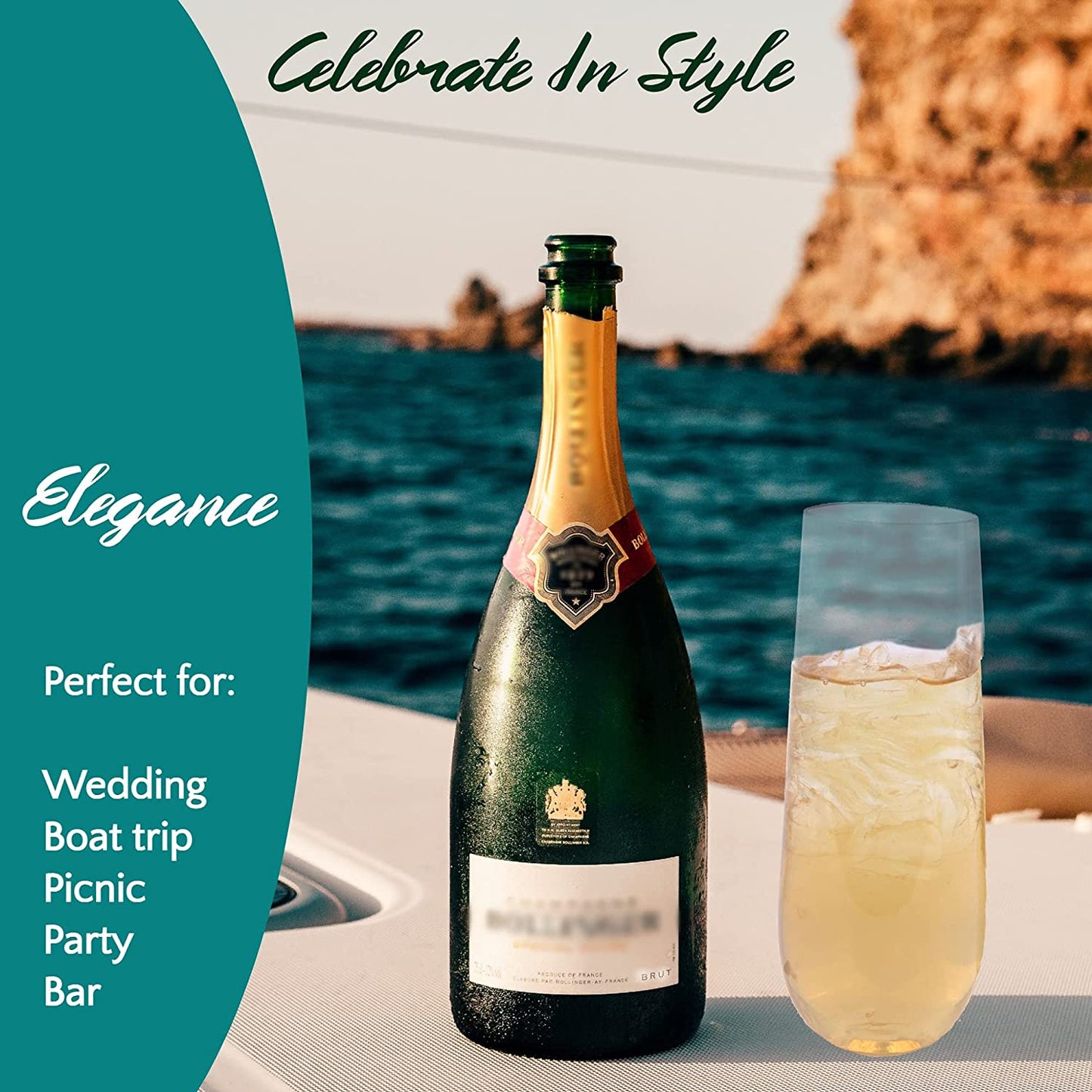 EcoQuality Fancy Stemless Clear Disposable Plastic Champagne Flute Glass 9oz