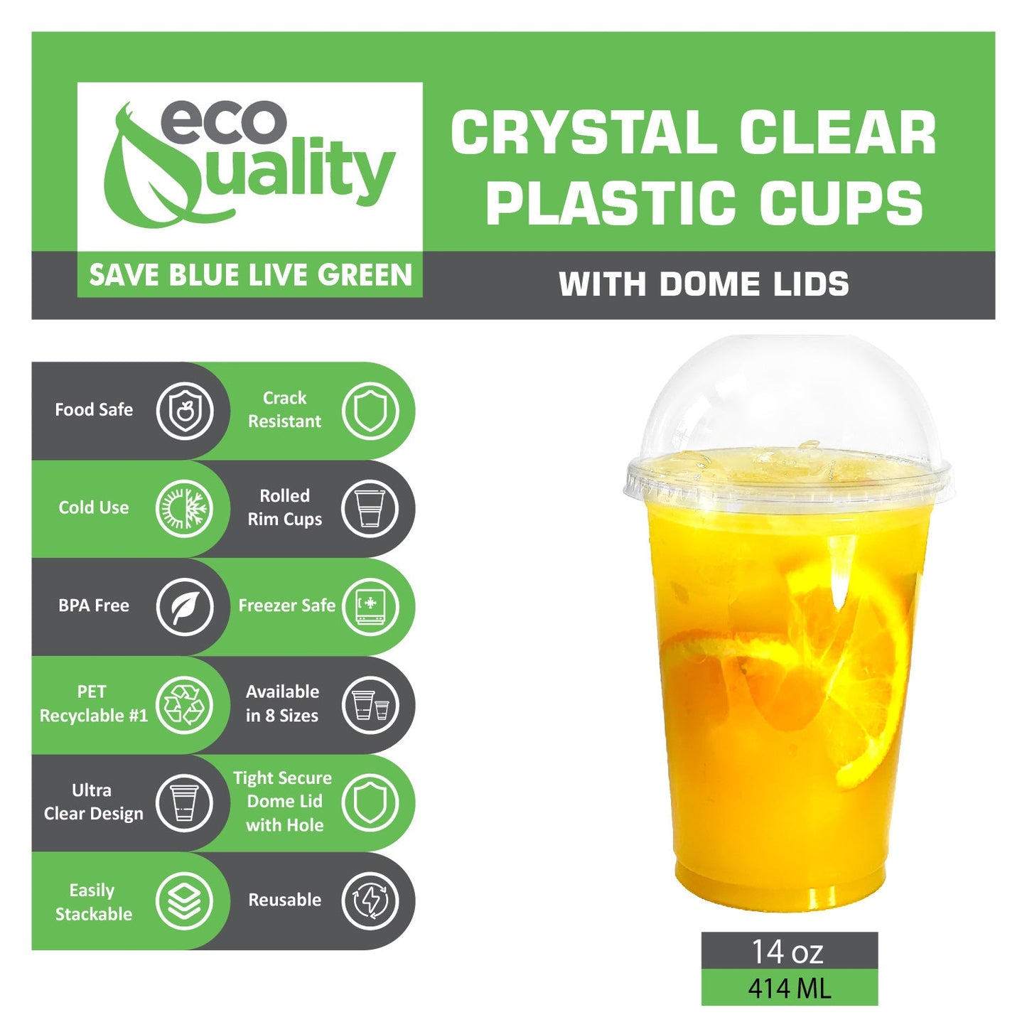 14oz Disposable Pet Clear Plastic Smoothie Cups with Clear Dome Lids