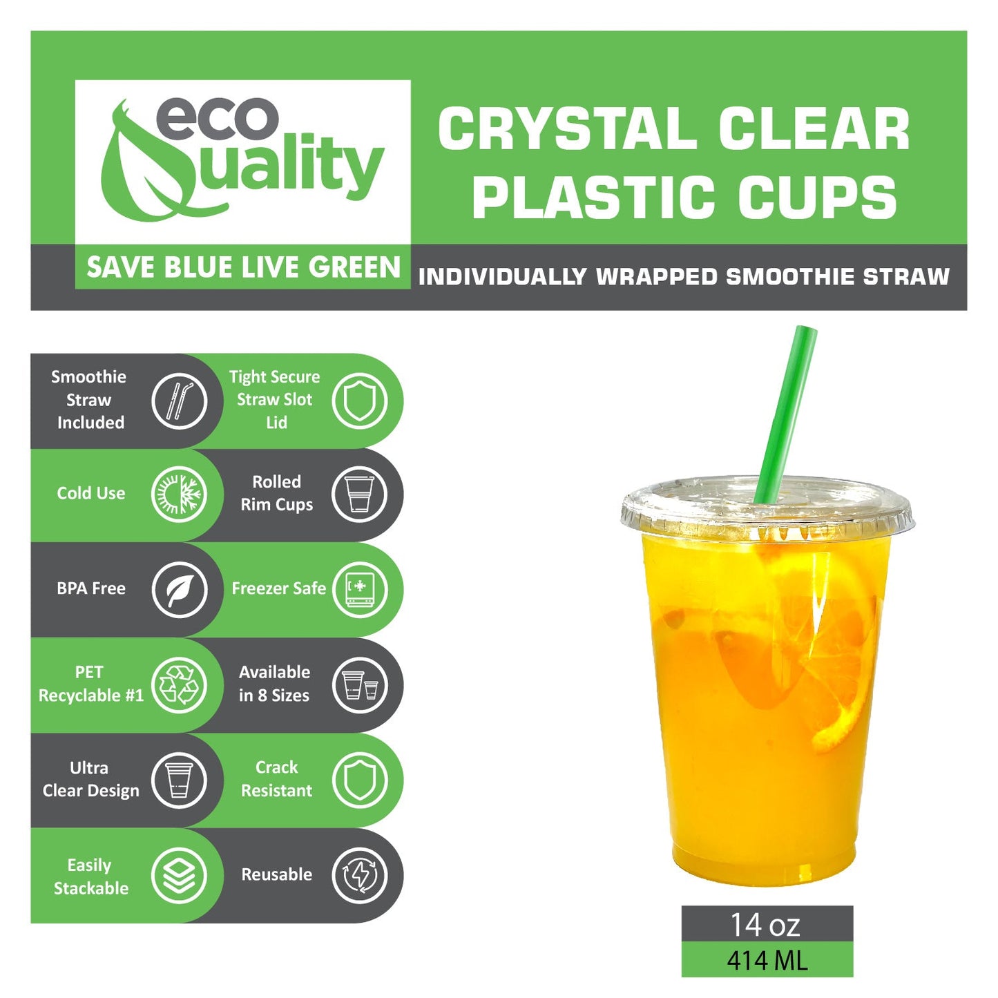 14oz Disposable Pet Clear Plastic Smoothie Cups Clear Flat Lids with Color Straws
