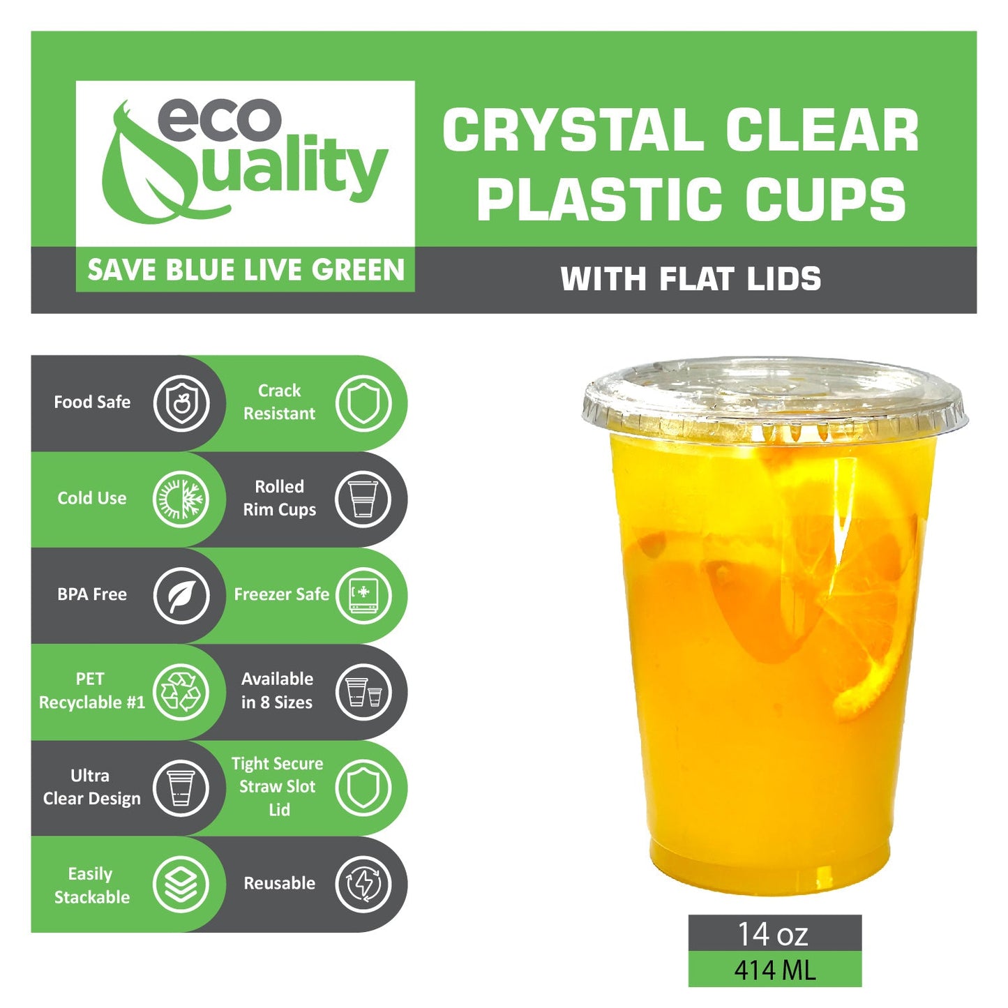 14oz Disposable Pet Clear Plastic Smoothie Cups with Clear Flat Lids