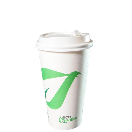 16oz Disposable Compostable Biodegradable White Paper Coffee Cups with White Dome Lids