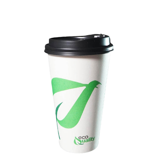 16oz Disposable Compostable Biodegradable White Paper Coffee Cups with Black Dome Lids