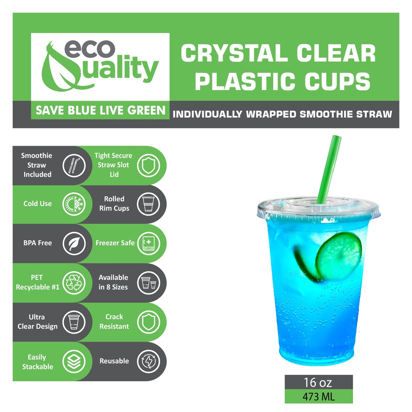 16oz Disposable Pet Clear Plastic Smoothie Cups with Clear Flat Lids and Color Straws