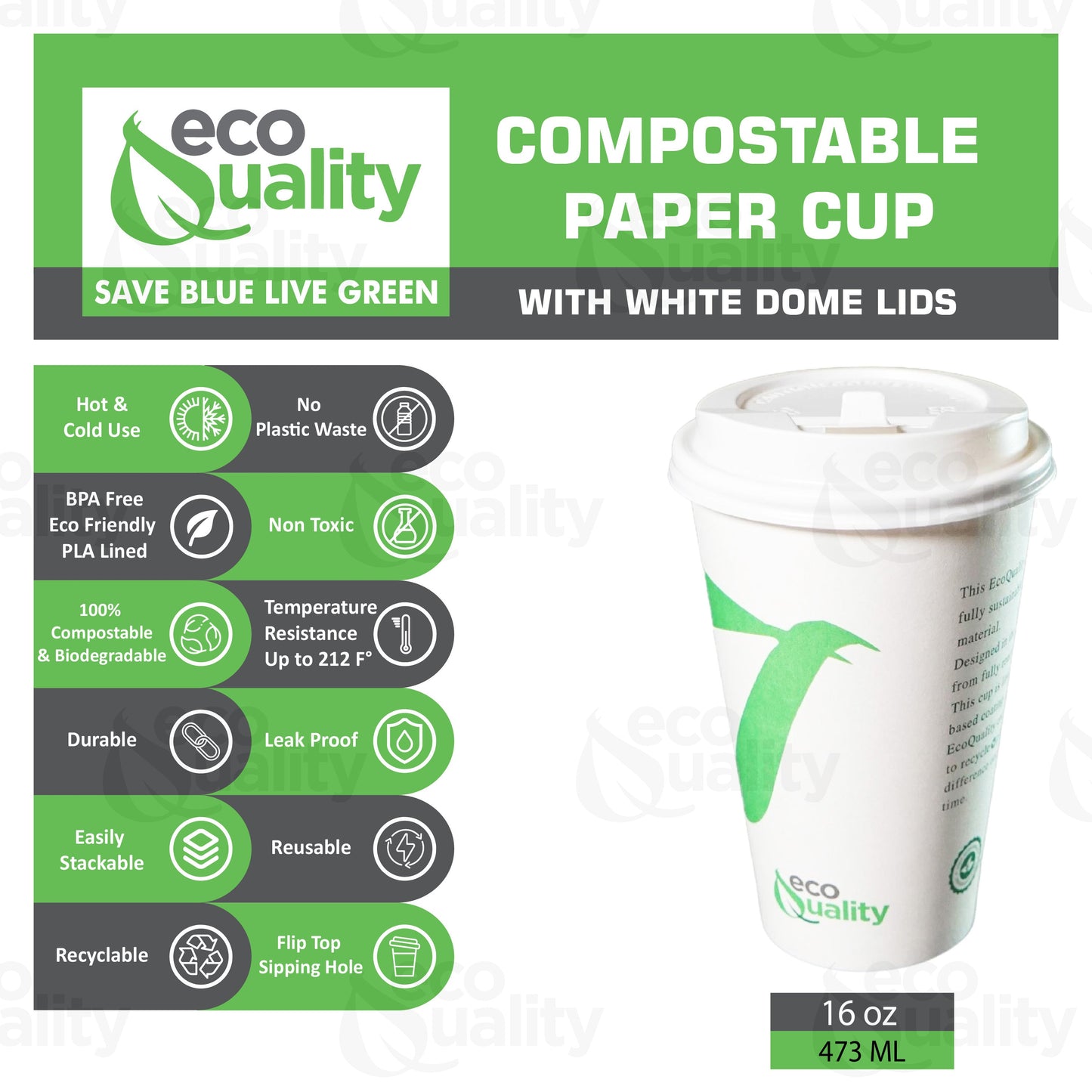 Disposable Compostable Biodegradable White Paper Coffee Cups with White Dome Lids
