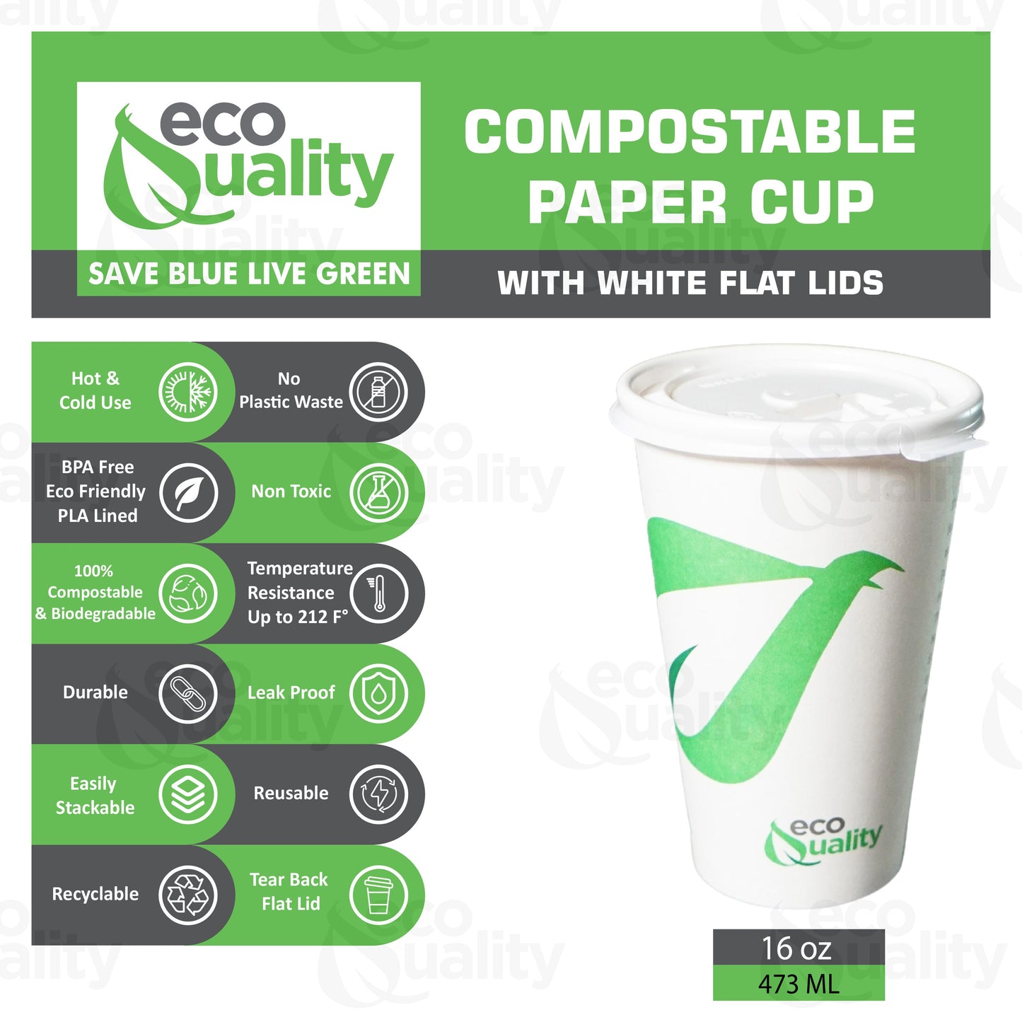 16oz Disposable Compostable Biodegradable White Paper Coffee Cups with Flat Lids