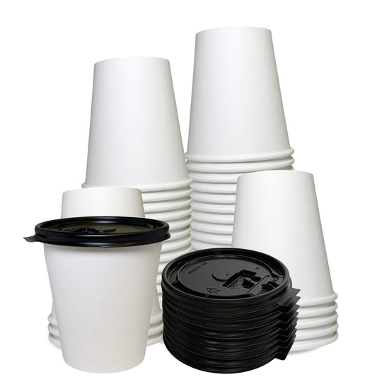 12oz Disposable White Paper Hot Cold Cups with Black Flat Lids