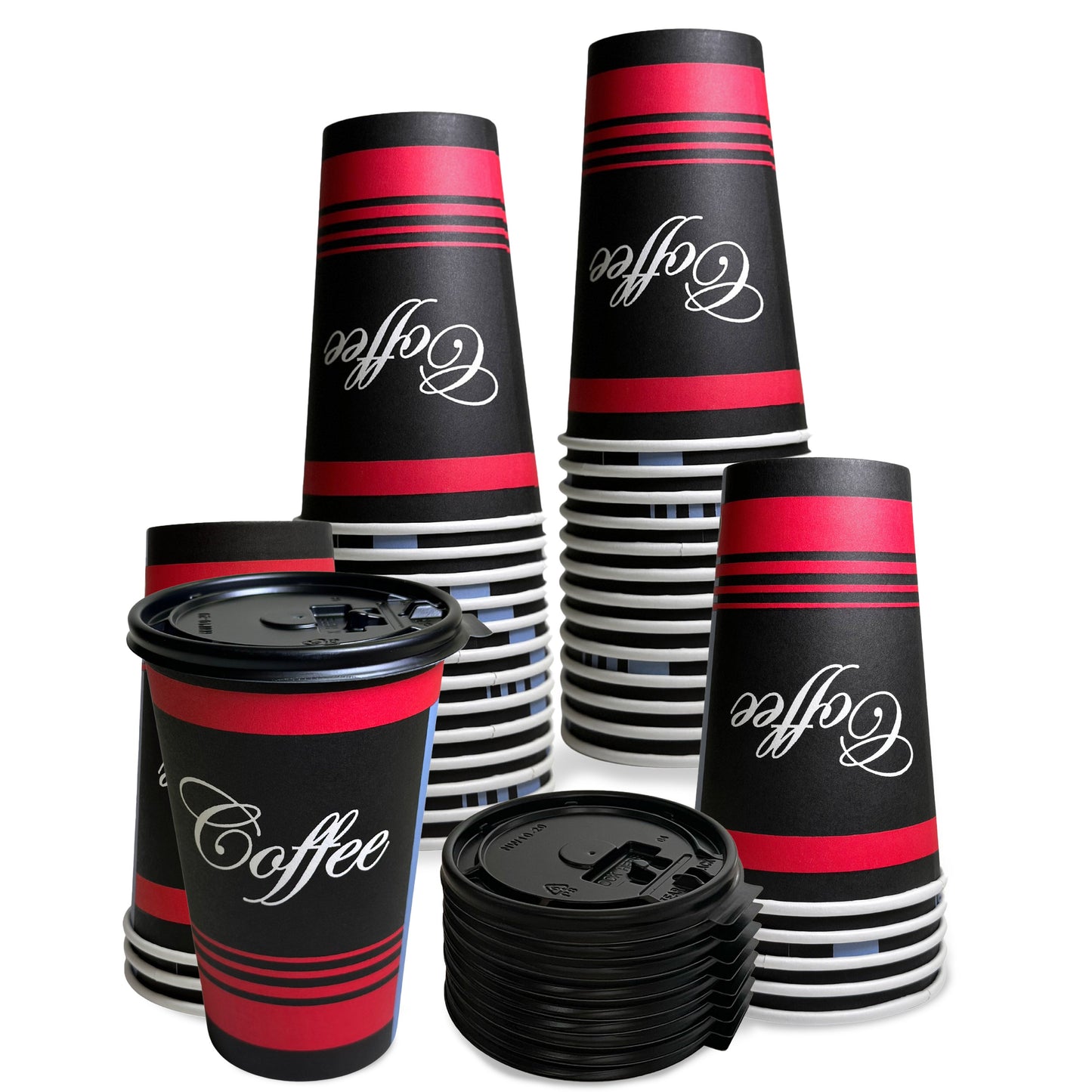 16oz Design Disposable Paper Coffee Cups with Black Flat Lids