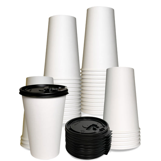 16oz Disposable White Paper Hot Cold Cups with Black Flat Lids