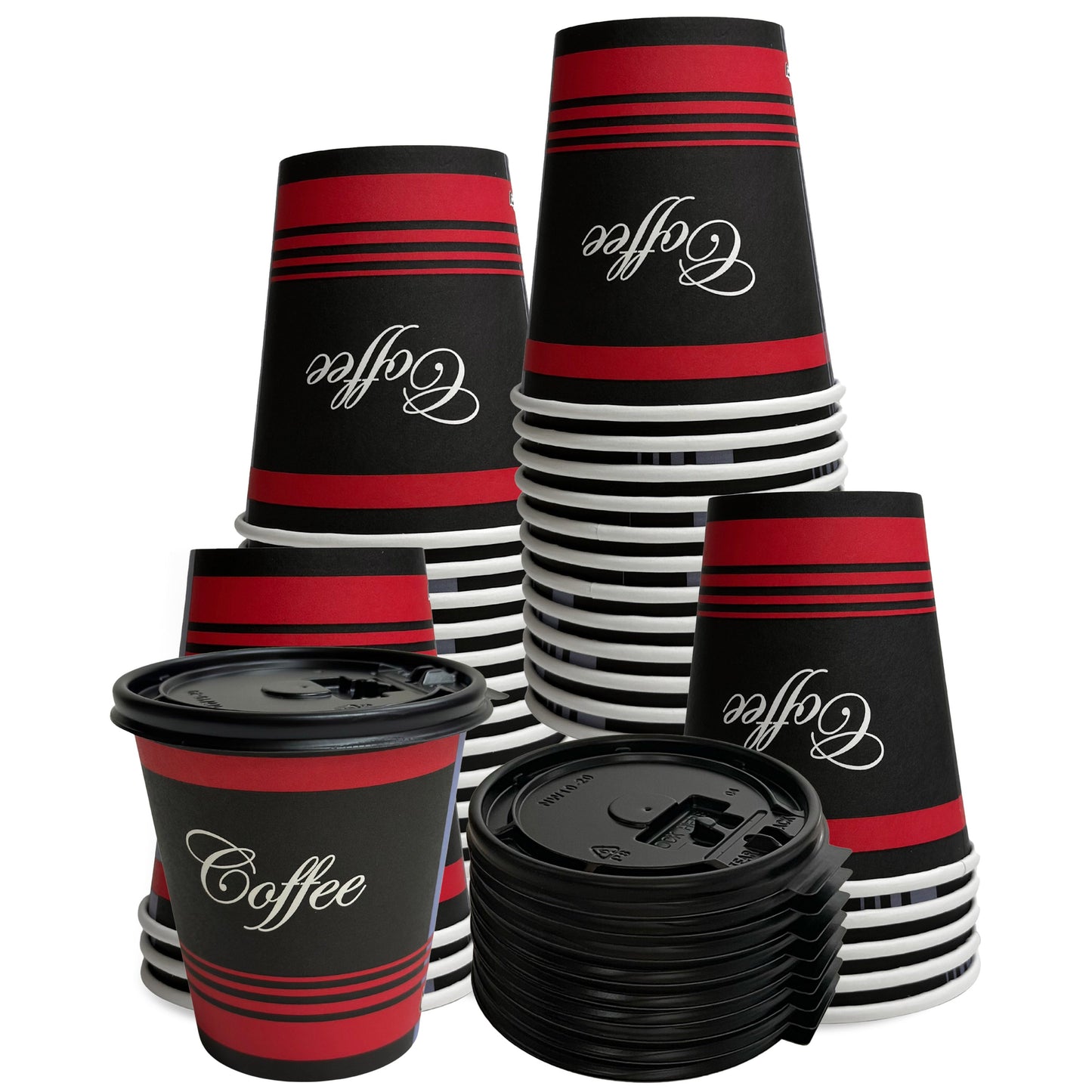 Black & Red Design Disposable Paper Coffee Cups with Black Flat Lids