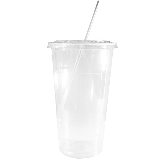 20oz Disposable Pet Clear Plastic Smoothie Cups with Clear Flat Lids and White Straws