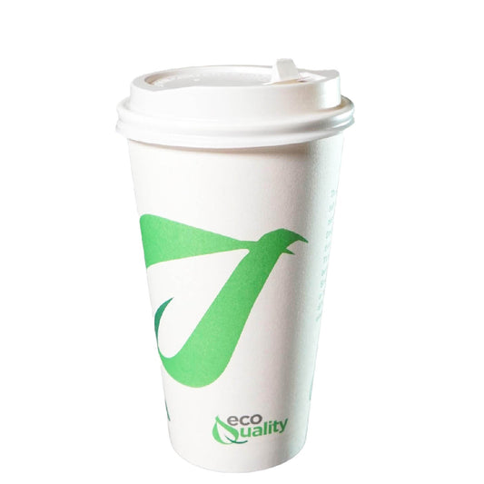 20oz Disposable Compostable Biodegradable White Paper Coffee Cups with White Dome Lids