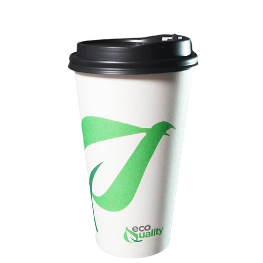 20oz Disposable Compostable Biodegradable White Paper Coffee Cups with Black Dome Lids