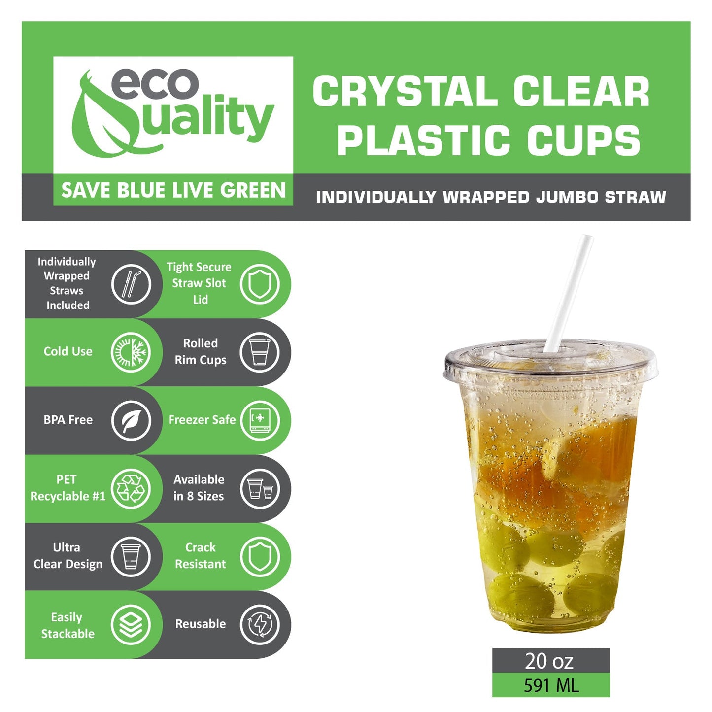 20oz Disposable Pet Clear Plastic Smoothie Cups with Clear Flat Lids and White Straws