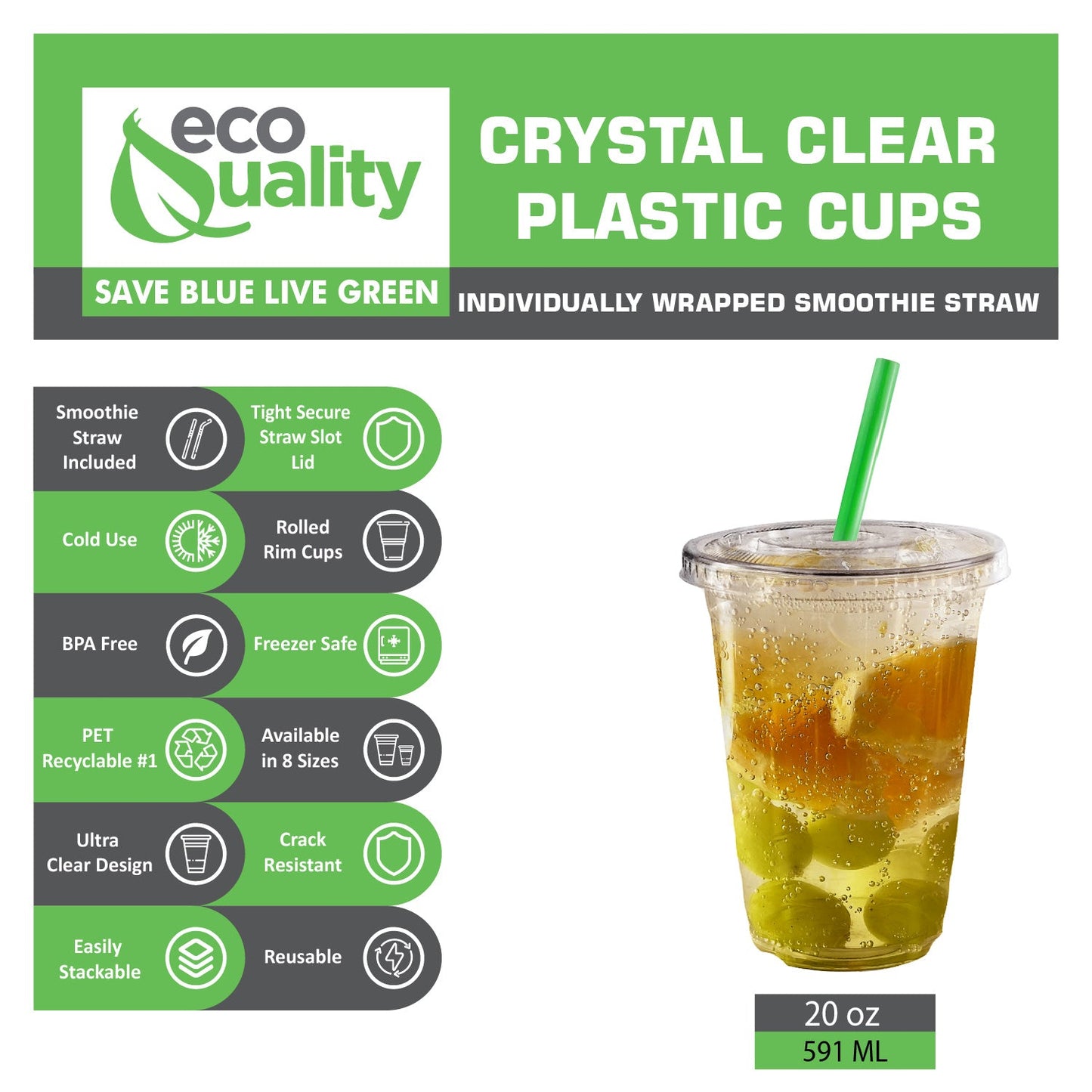 20oz Disposable Pet Clear Plastic Smoothie Cups with Clear Flat Lids and Color Straws
