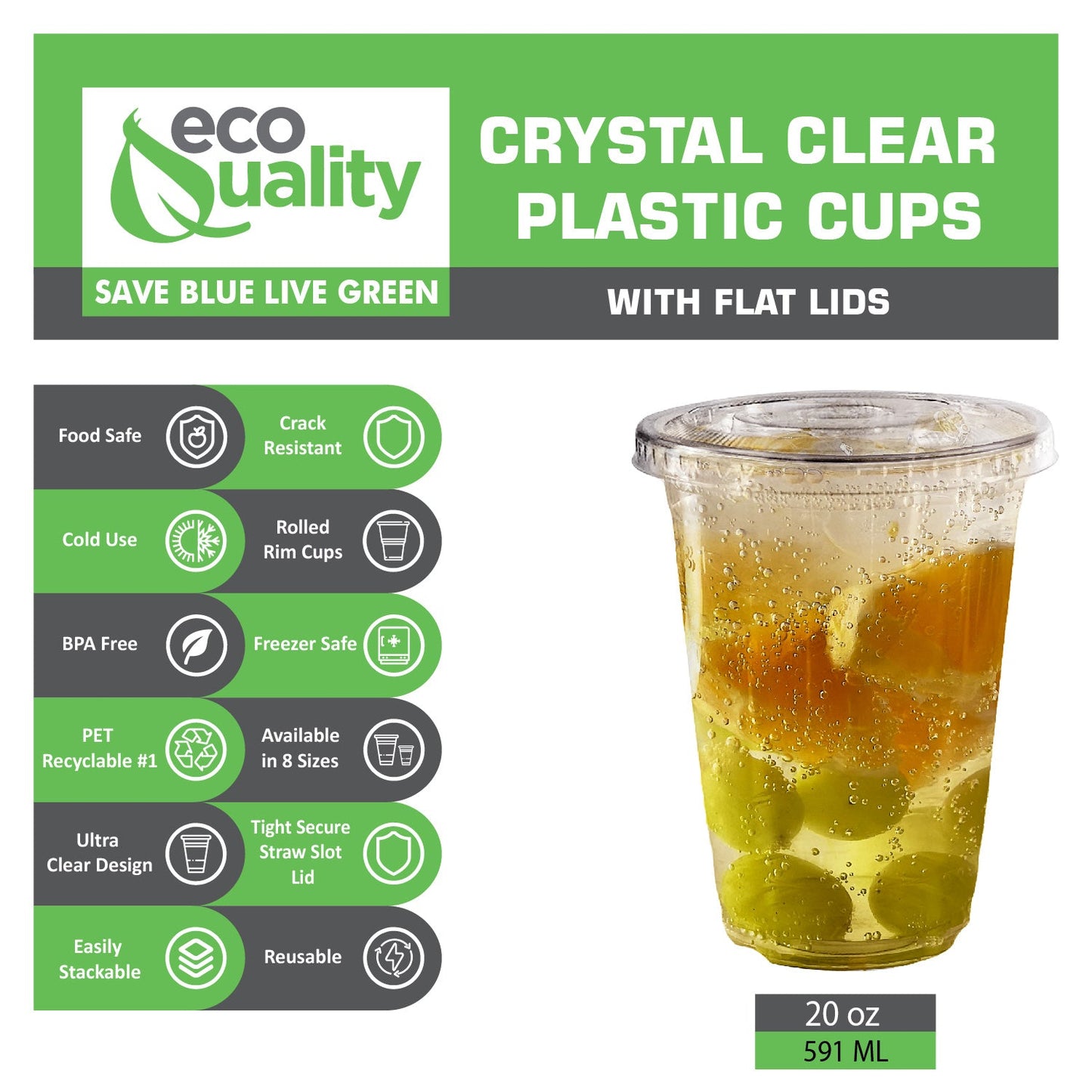 20oz Disposable Pet Clear Plastic Smoothie Cups with Clear Flat Lids