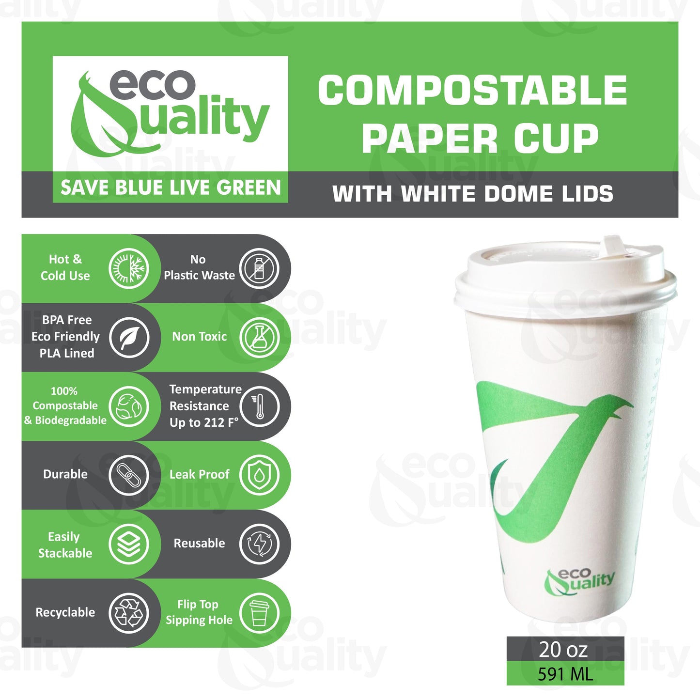 20oz Disposable Compostable Biodegradable White Paper Coffee Cups with White Dome Lids