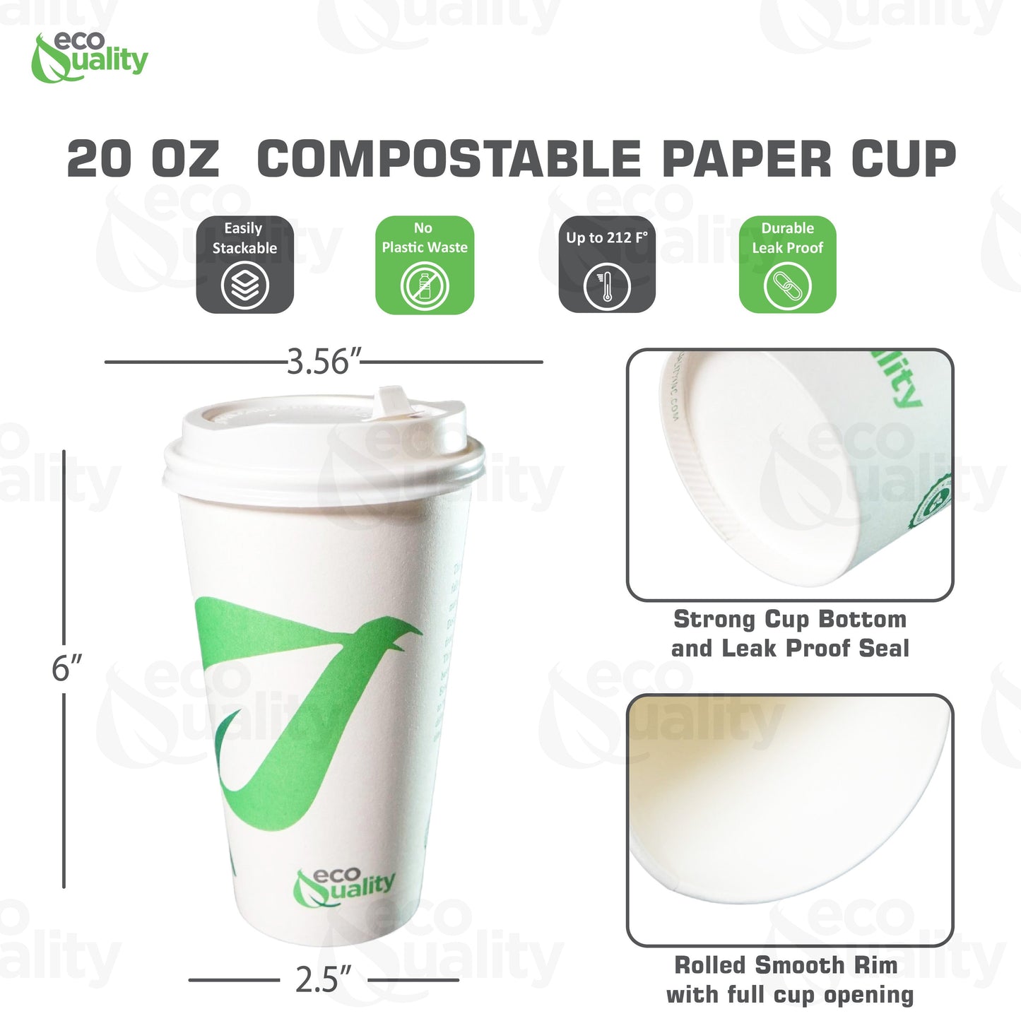 20oz Disposable Compostable Biodegradable White Paper Coffee Cups with White Dome Lids