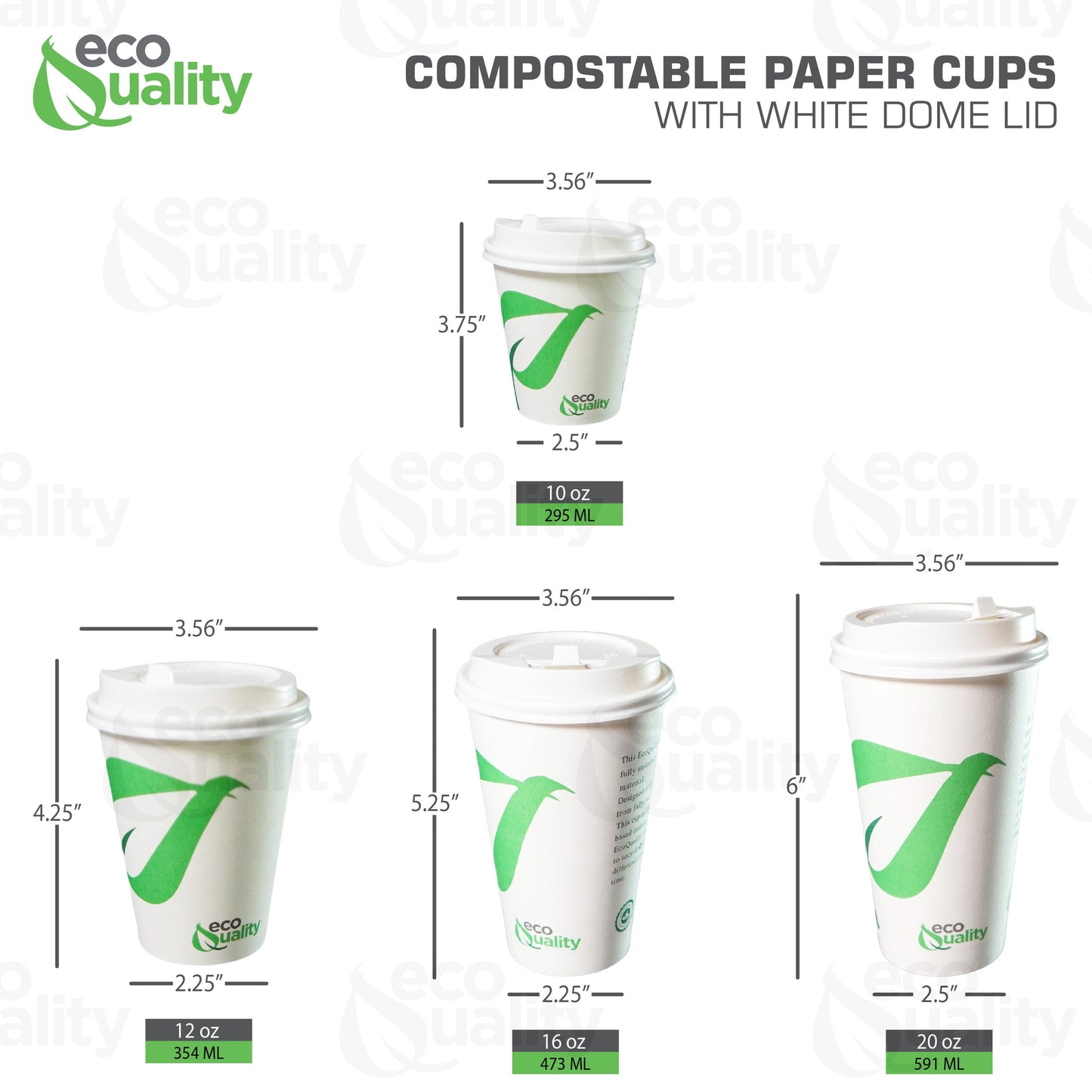 20oz Disposable Compostable Biodegradable White Paper Coffee Cups with White Dome Lids