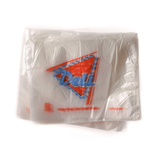 Clear Plastic Deli Saddle Bags with Printed Deli Logo  italian bakery cafe coffee shop deli grocery  affordable bulk economical commercial wholesale  Sandwich Bag  Plastic Roll  Plastic Bag  Deli Bags  Cold Cuts