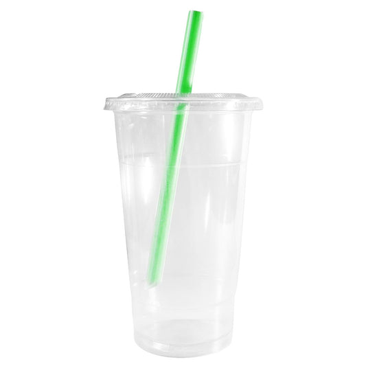24oz Disposable Party Clear Plastic Smoothie Cups with Clear Flat Lids and Color Straws