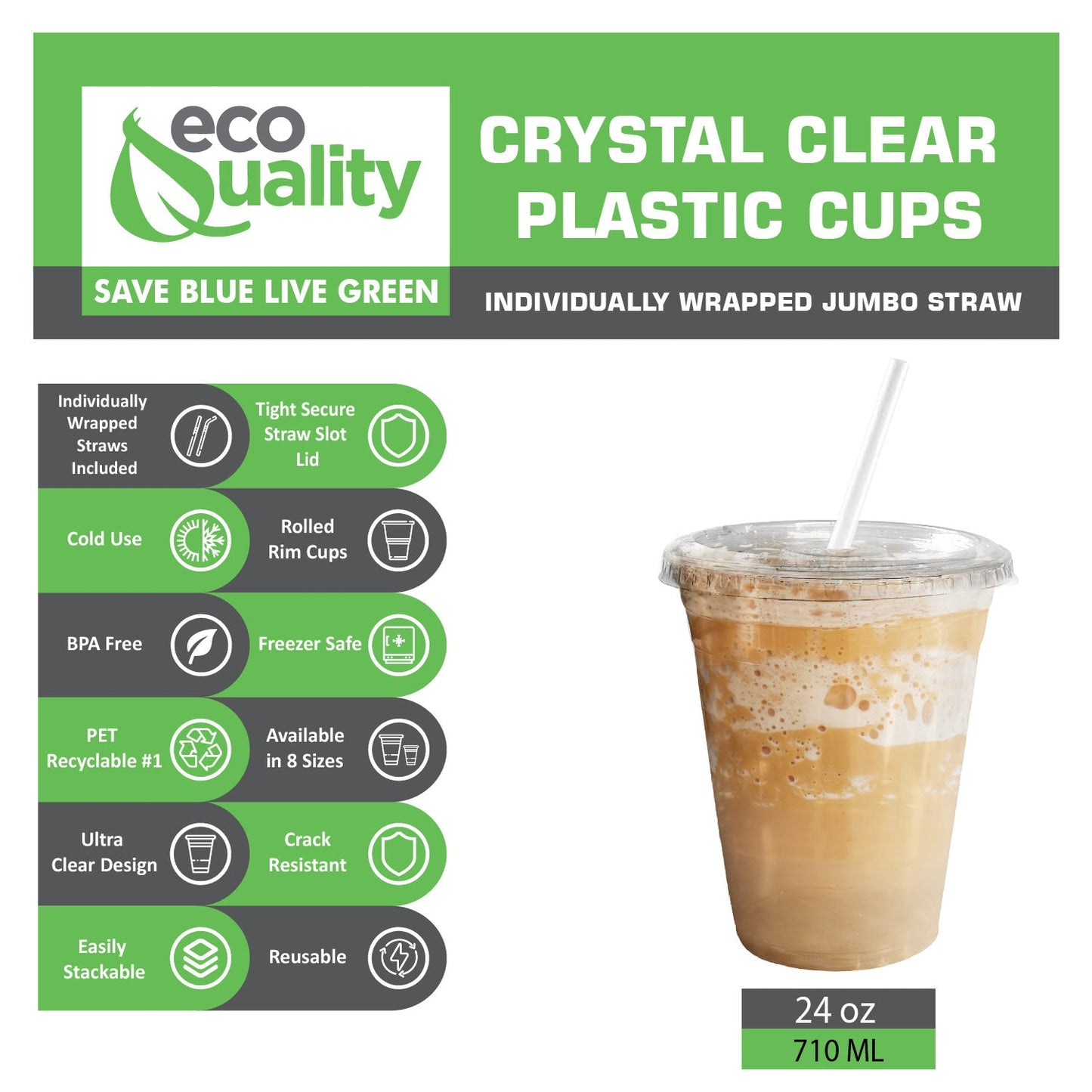 24oz Disposable Pet Clear Plastic Smoothie Cups with Clear Flat Lids and White Straws