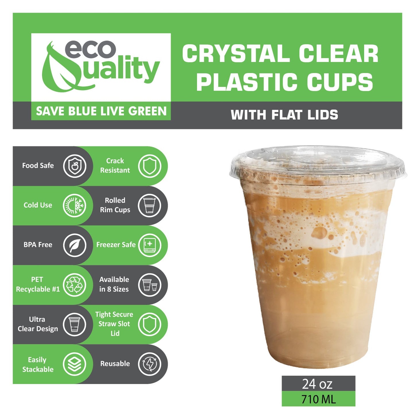 24oz Disposable Pet Clear Plastic Smoothie Cups with Clear Flat Lids