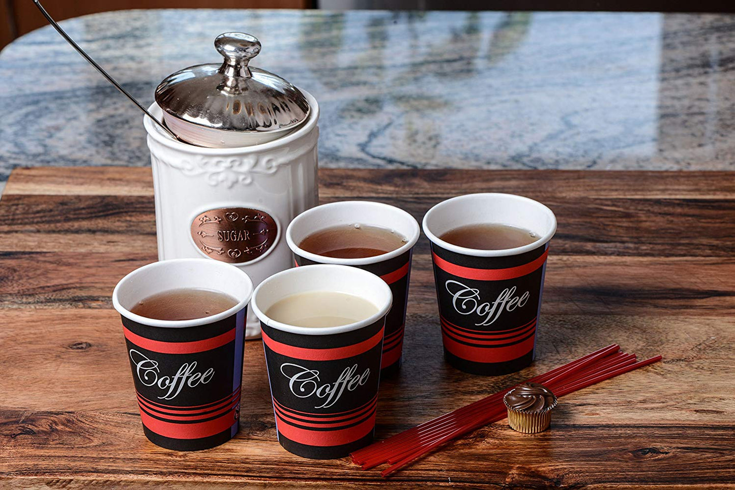 Disposable Paper Hot Cups -  Design Paper Coffee Cups with Black Dome Lids, Sleeves & Stirrers COMBO (10oz, 12oz, 16oz, 20oz)