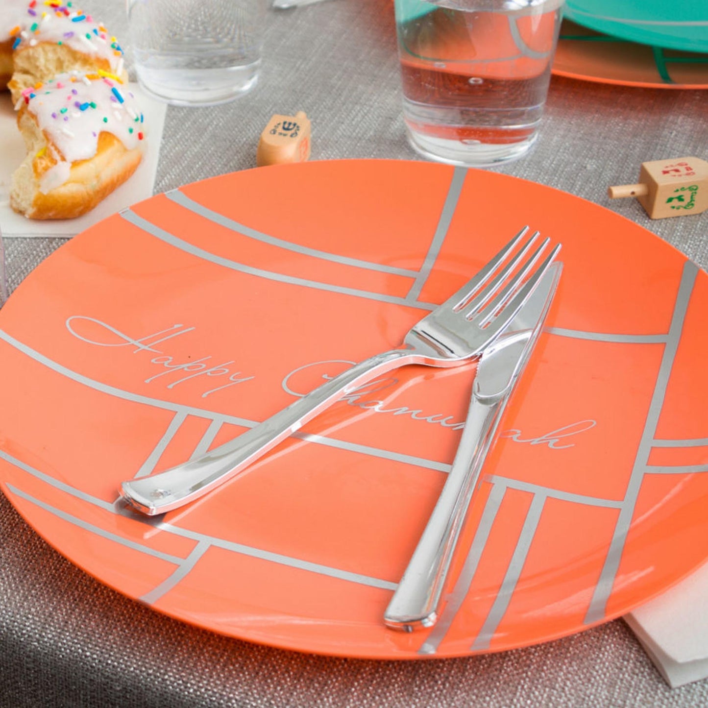 10.25" Coral/Silver Geometric Plates Chanukah Collection