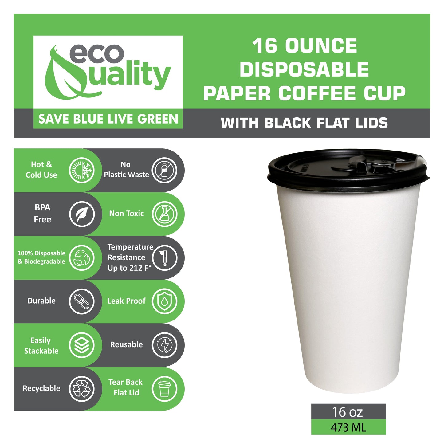 Disposable White Paper Hot Cold Cups with Black Flat Lids