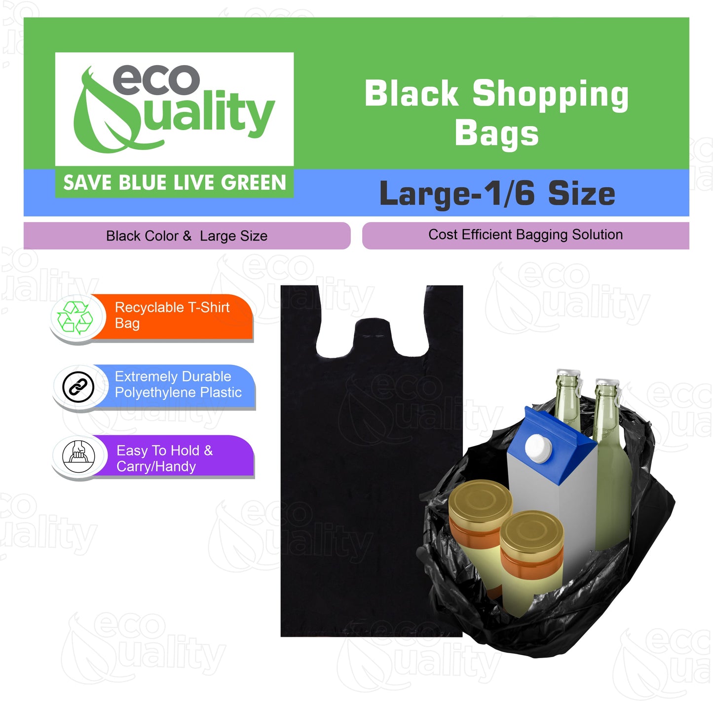 Large 1/6 Plastic Black T-Shirt Bags 11x12 inches, 13 Micron Reusable Recyclable Poly Shopping Bags