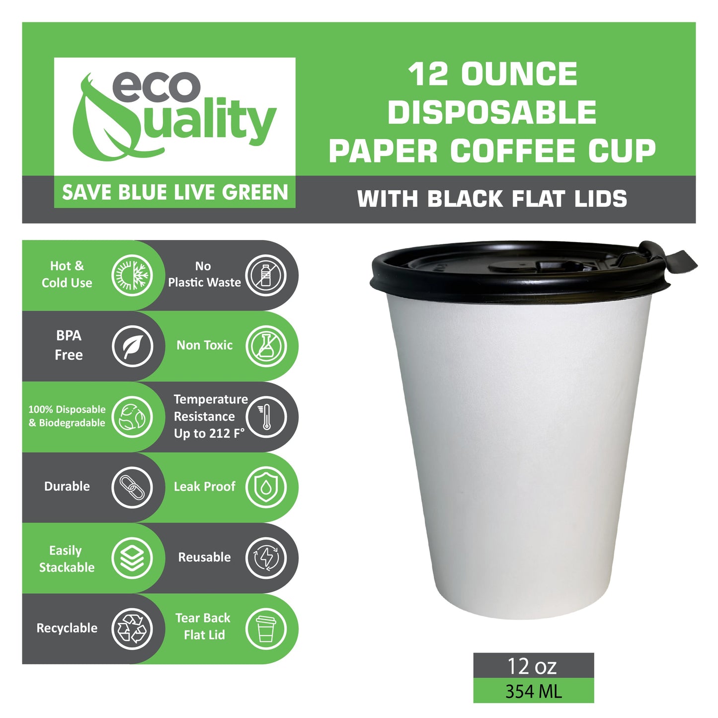 Disposable White Paper Hot Cold Cups with Black Flat Lids