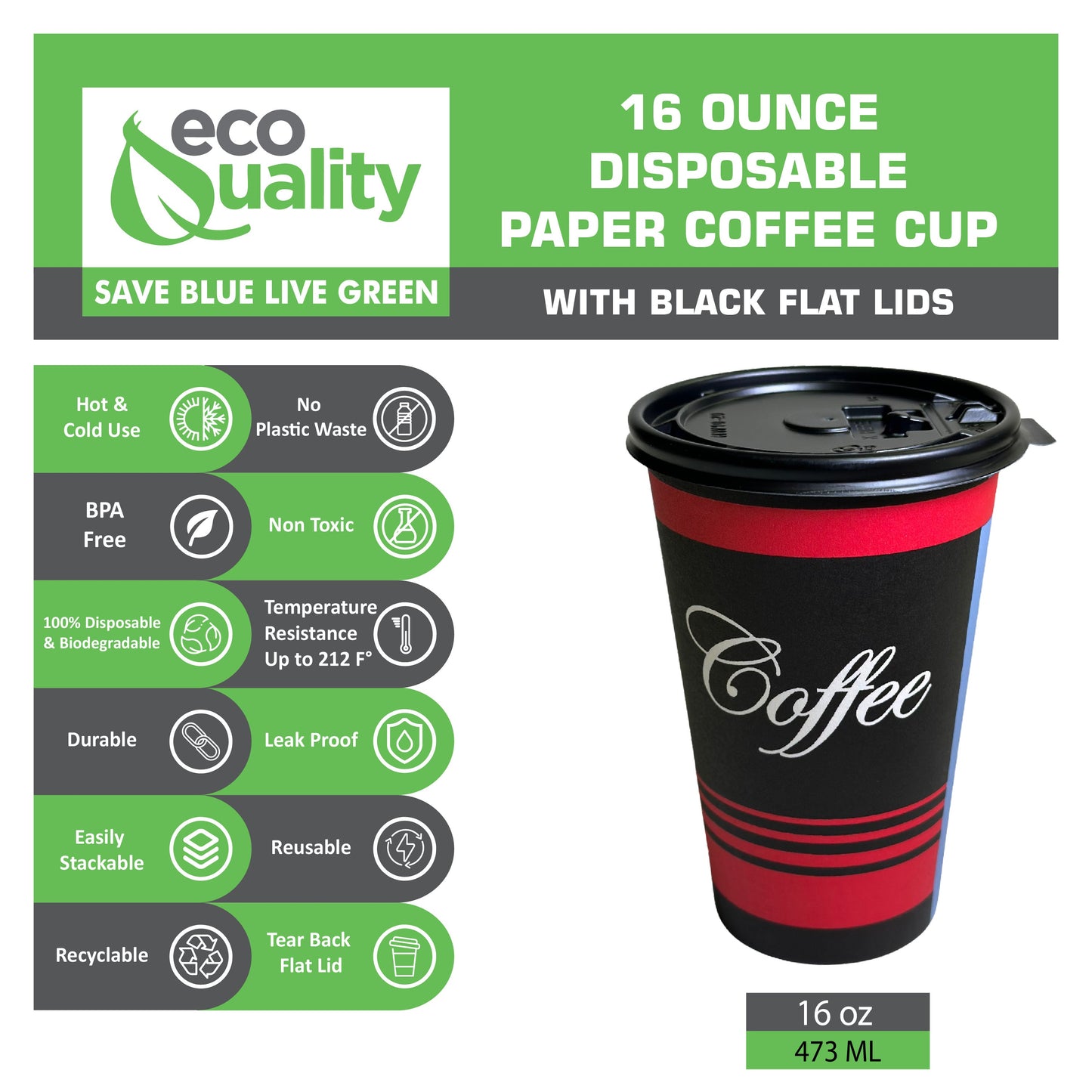 Black & Red Design Disposable Paper Coffee Cups with Black Flat Lids
