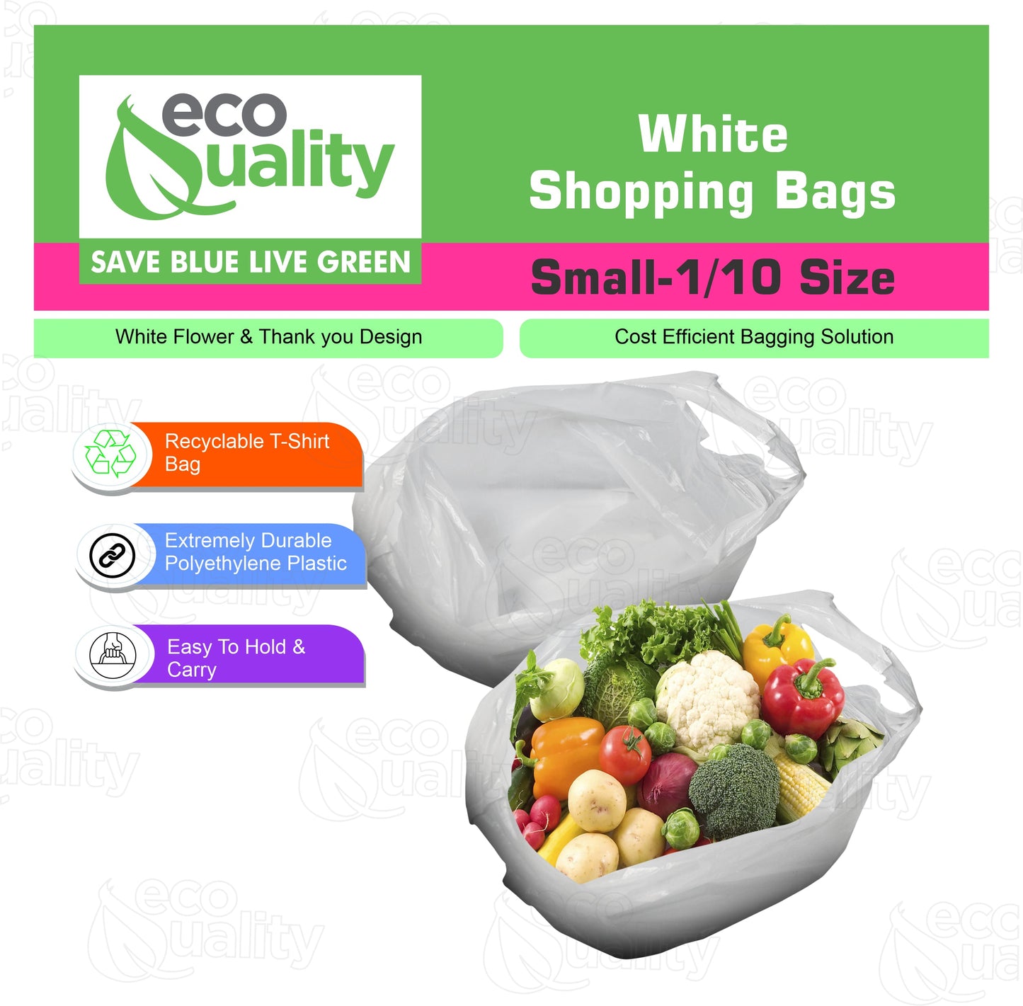 Plastic White T-Shirt Bags (Small 1/6, Medium 1/8, Large 1/10)