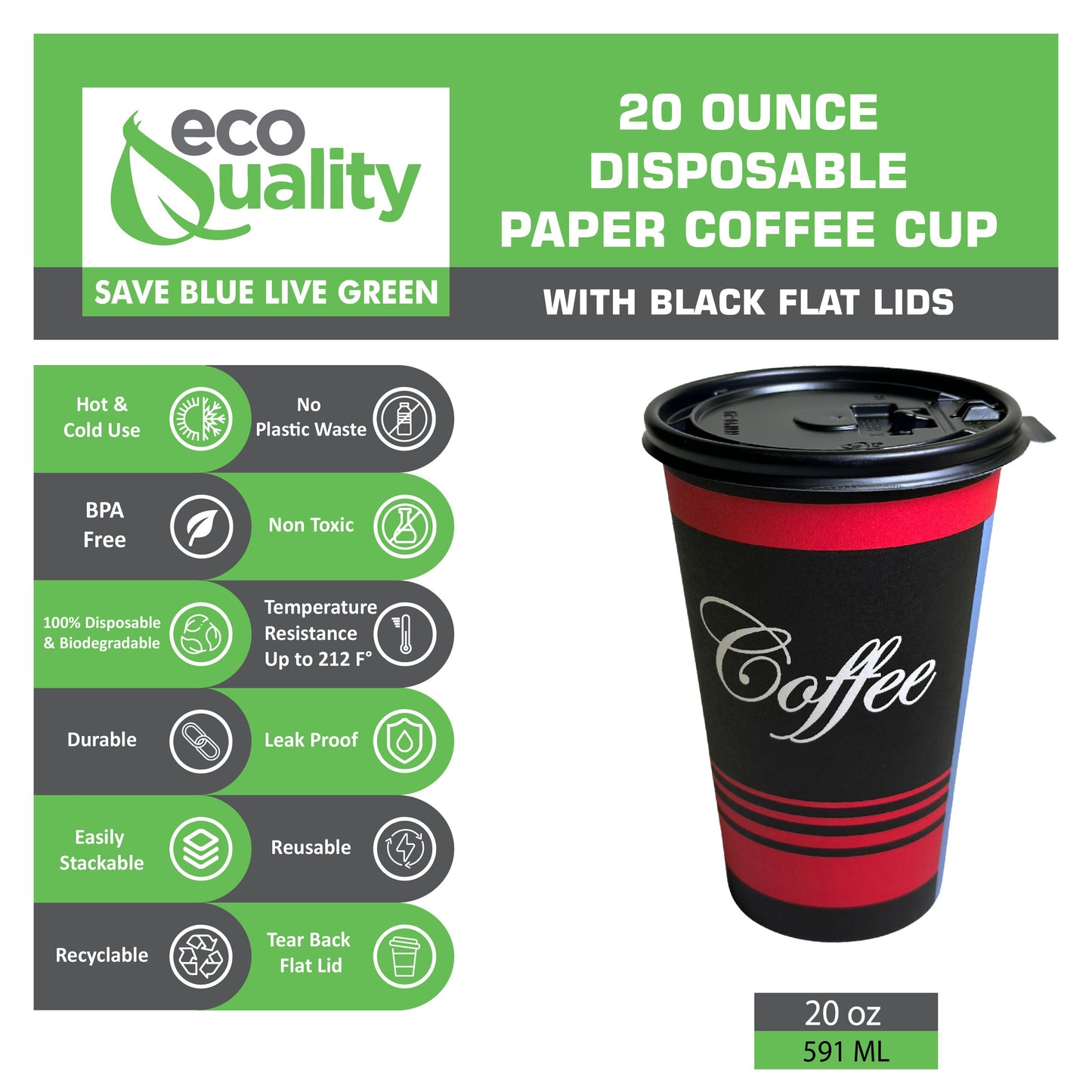 Black & Red Design Disposable Paper Coffee Cups with Black Flat Lids