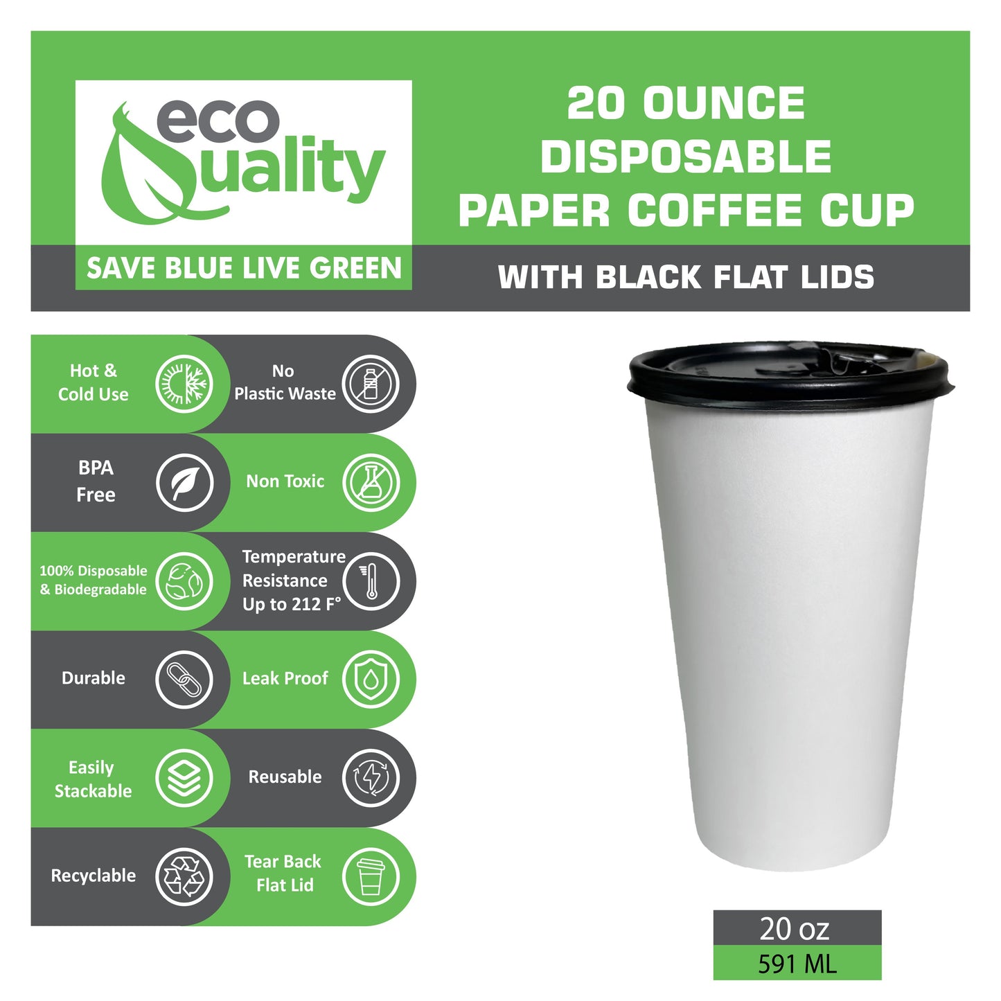 Disposable White Paper Hot Cold Cups with Black Flat Lids