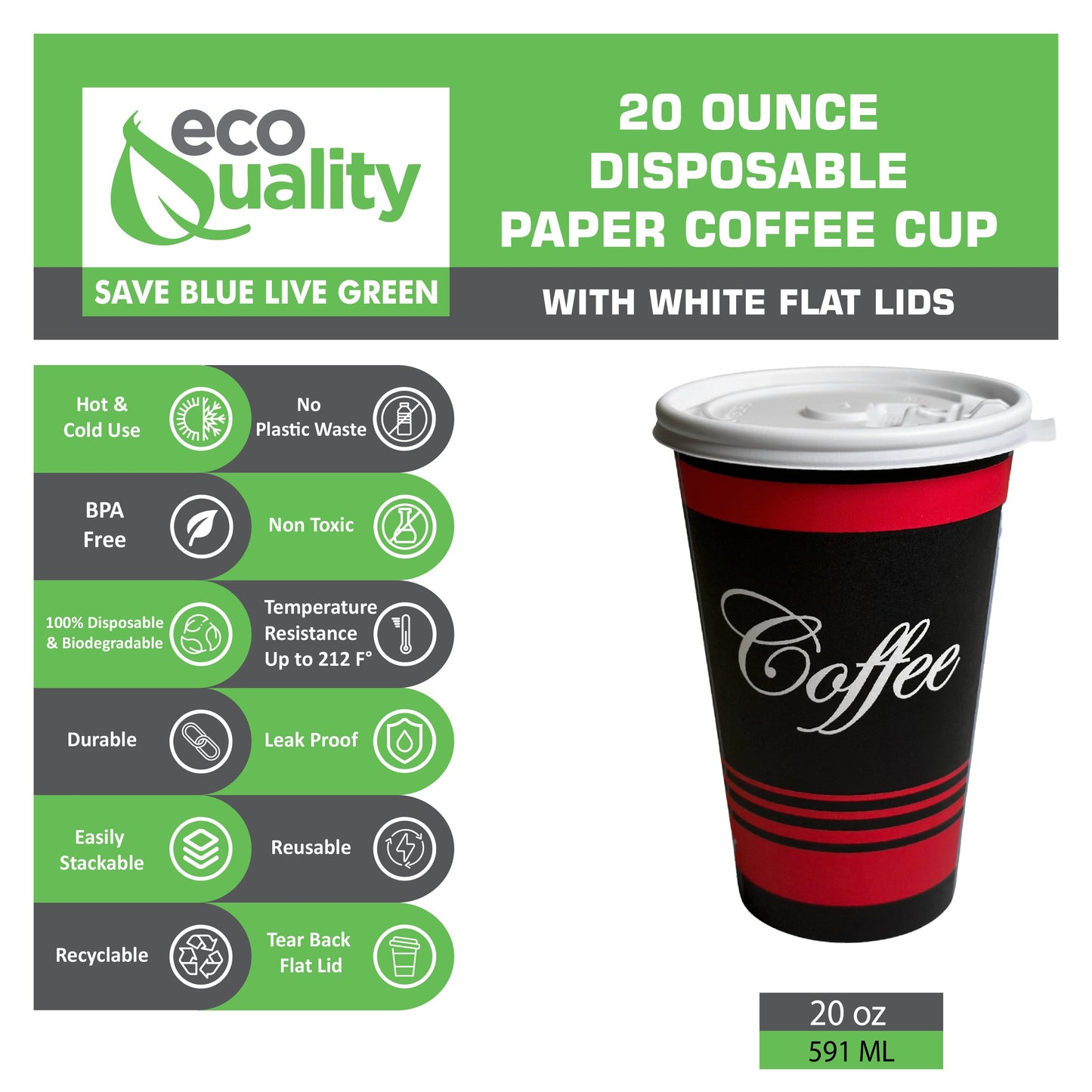 Design Disposable Paper Coffee Cups with White Flat Lids