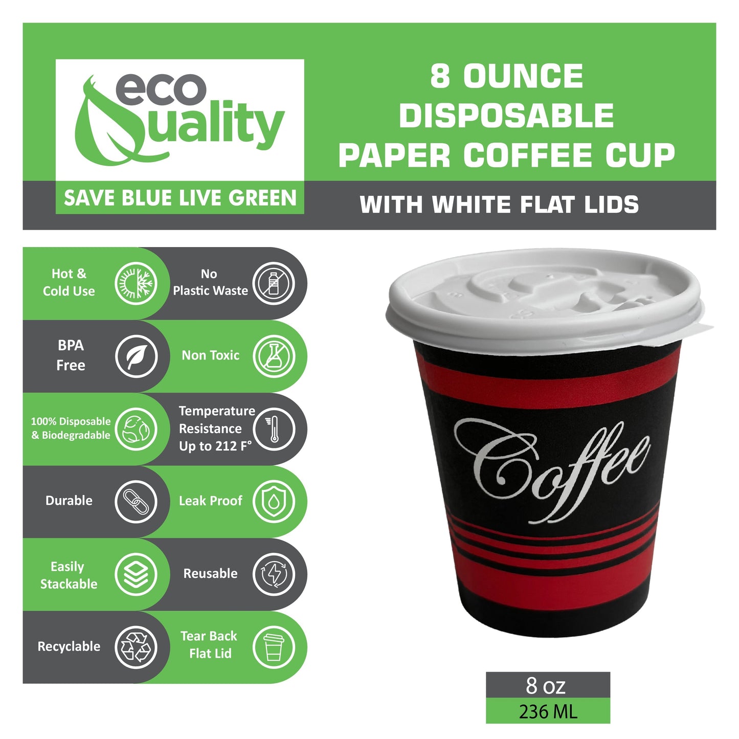 Design Disposable Paper Coffee Cups with White Flat Lids