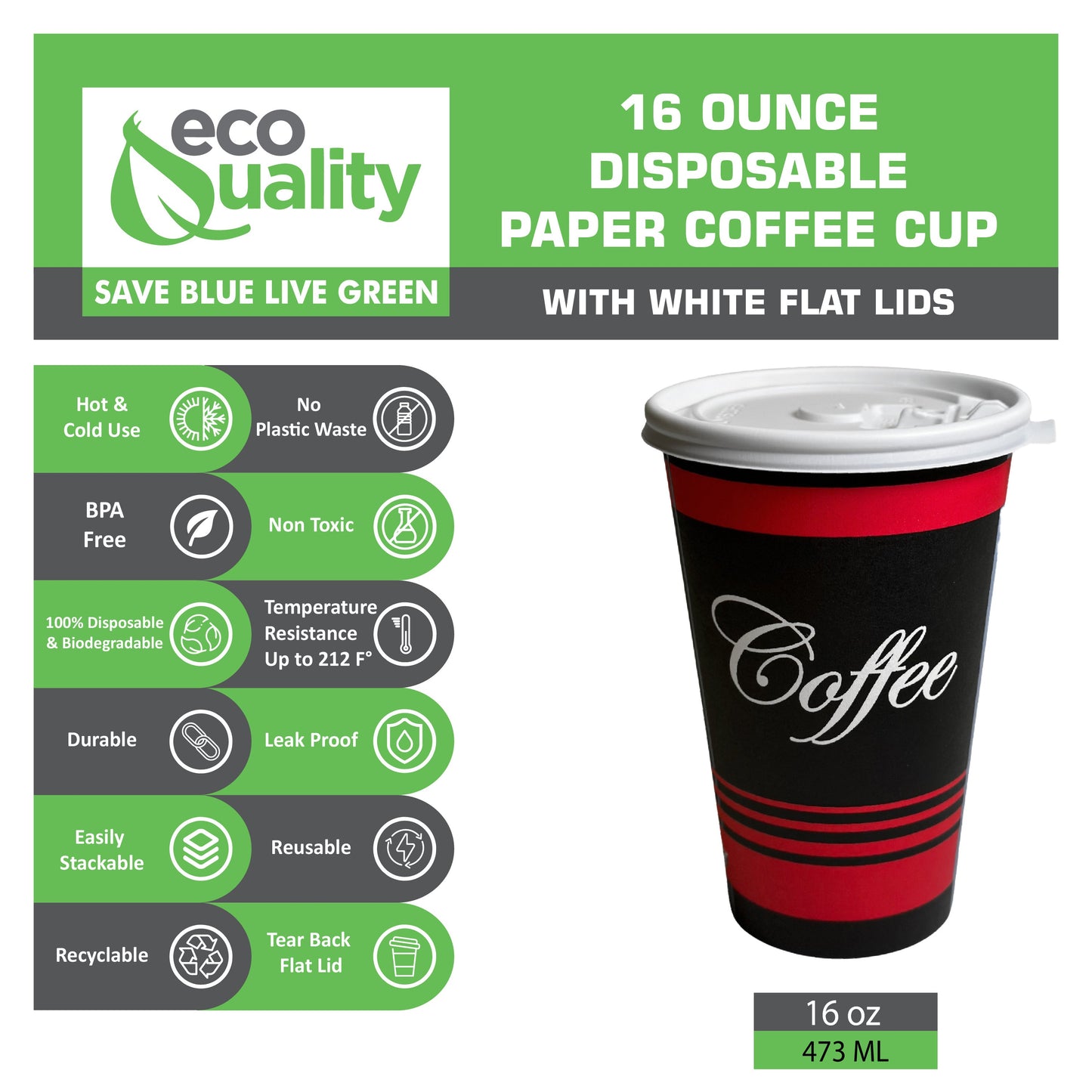 Design Disposable Paper Coffee Cups with White Flat Lids